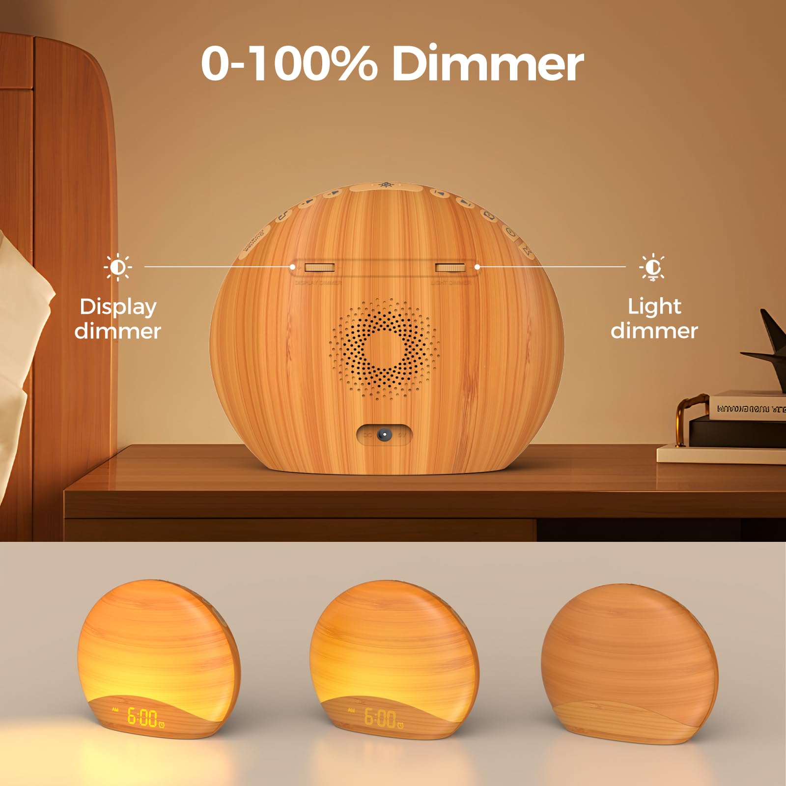 REACHER Natural Wood Grain Sunrise Alarm Clock – 26 Sleep Sounds, Dimmable Night Light