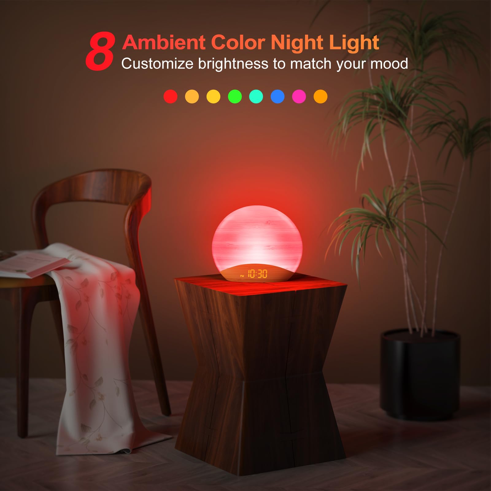 REACHER Natural Wood Grain Sunrise Alarm Clock – 26 Sleep Sounds, Dimmable Night Light