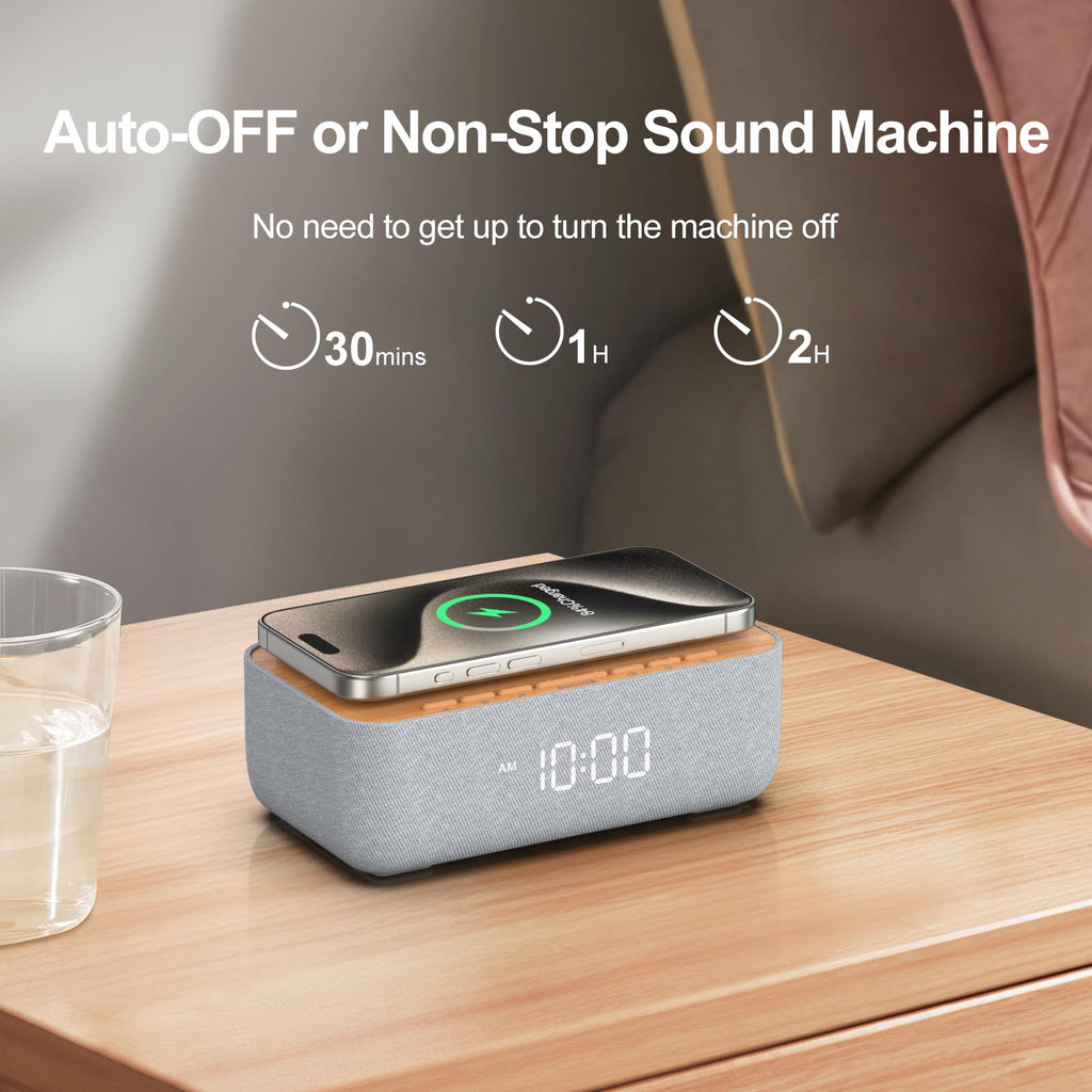 REACHER 15W Magnetic Wireless Charging Alarm Clock with White Noise Machine, Woodgrain — 20 High‑Fidelity Sounds, Gradual Wake, Snooze & Dimmable Display