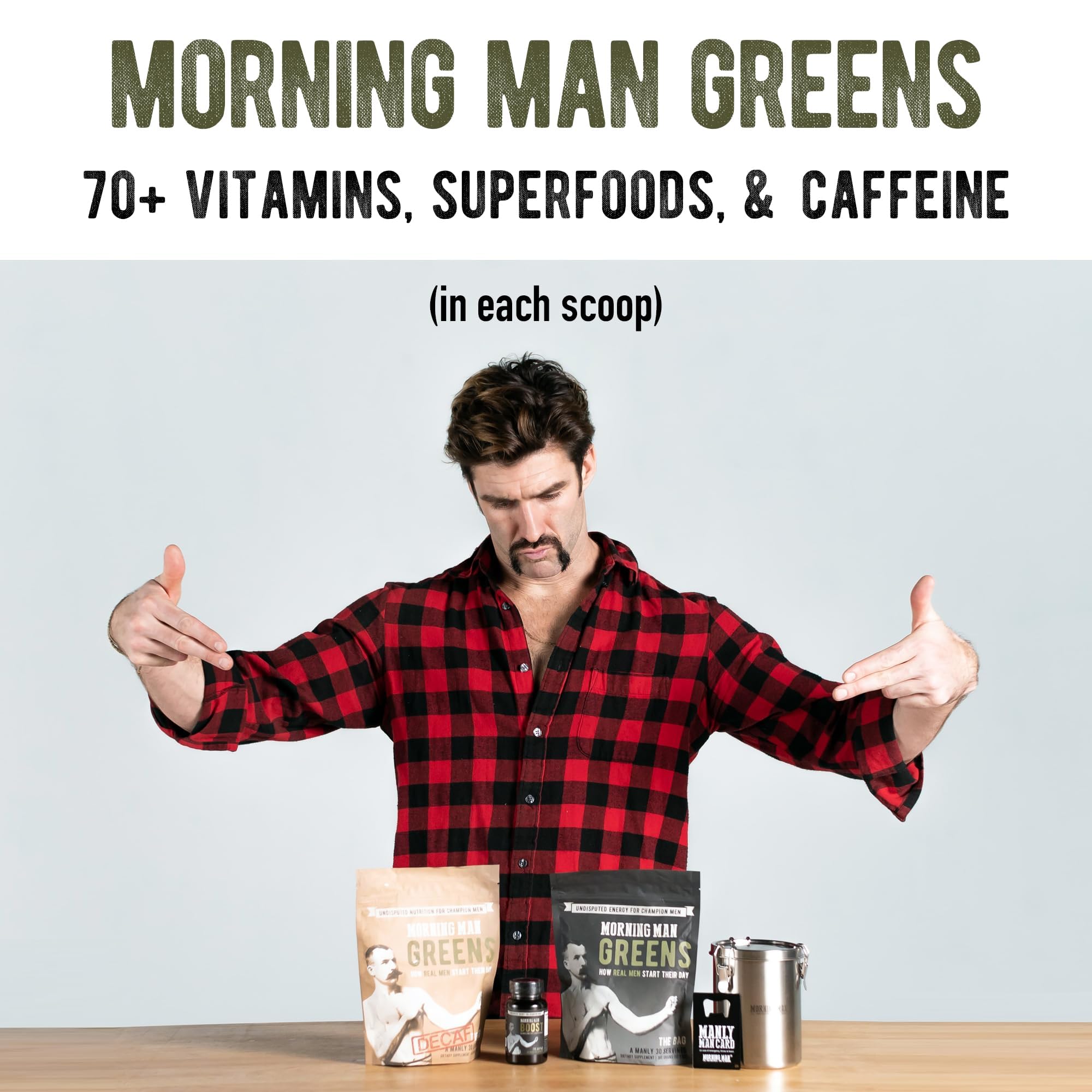 Morning Man Greens Probiotic Superfood Mix – 95mg Caffeine, 75+ Vitamins, Gluten Free, Vegan, 30 Servings