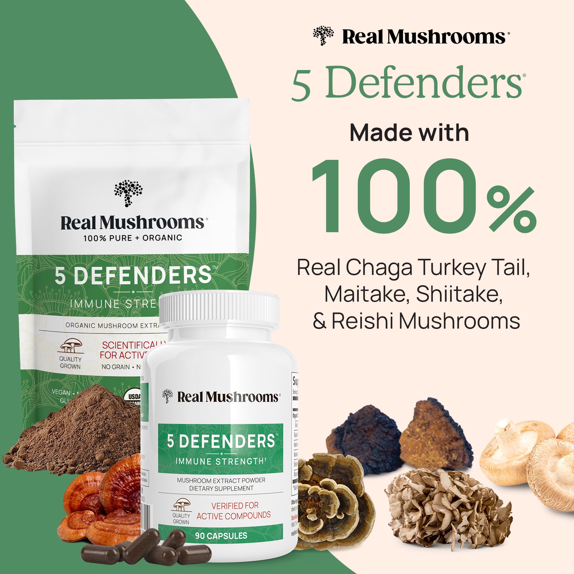 Real Mushrooms 5 Defenders Mushroom Complex Powder – Organic 5-Mushroom Blend, 100 Servings