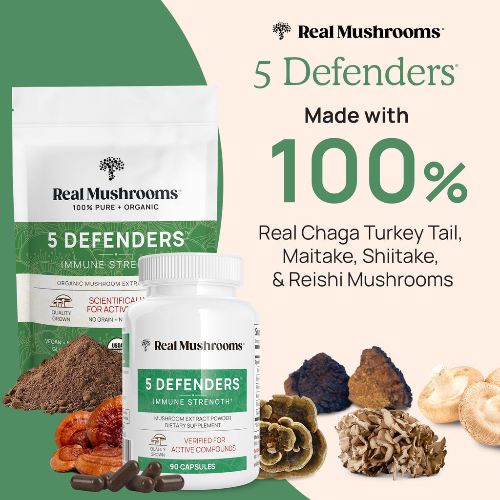 Real Mushrooms 5 Defenders Mushroom Complex Powder – Organic 5-Mushroom Blend, 100 Servings