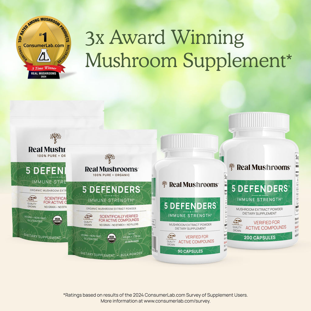 Real Mushrooms 5 Defenders Mushroom Complex Powder – Organic 5-Mushroom Blend, 100 Servings