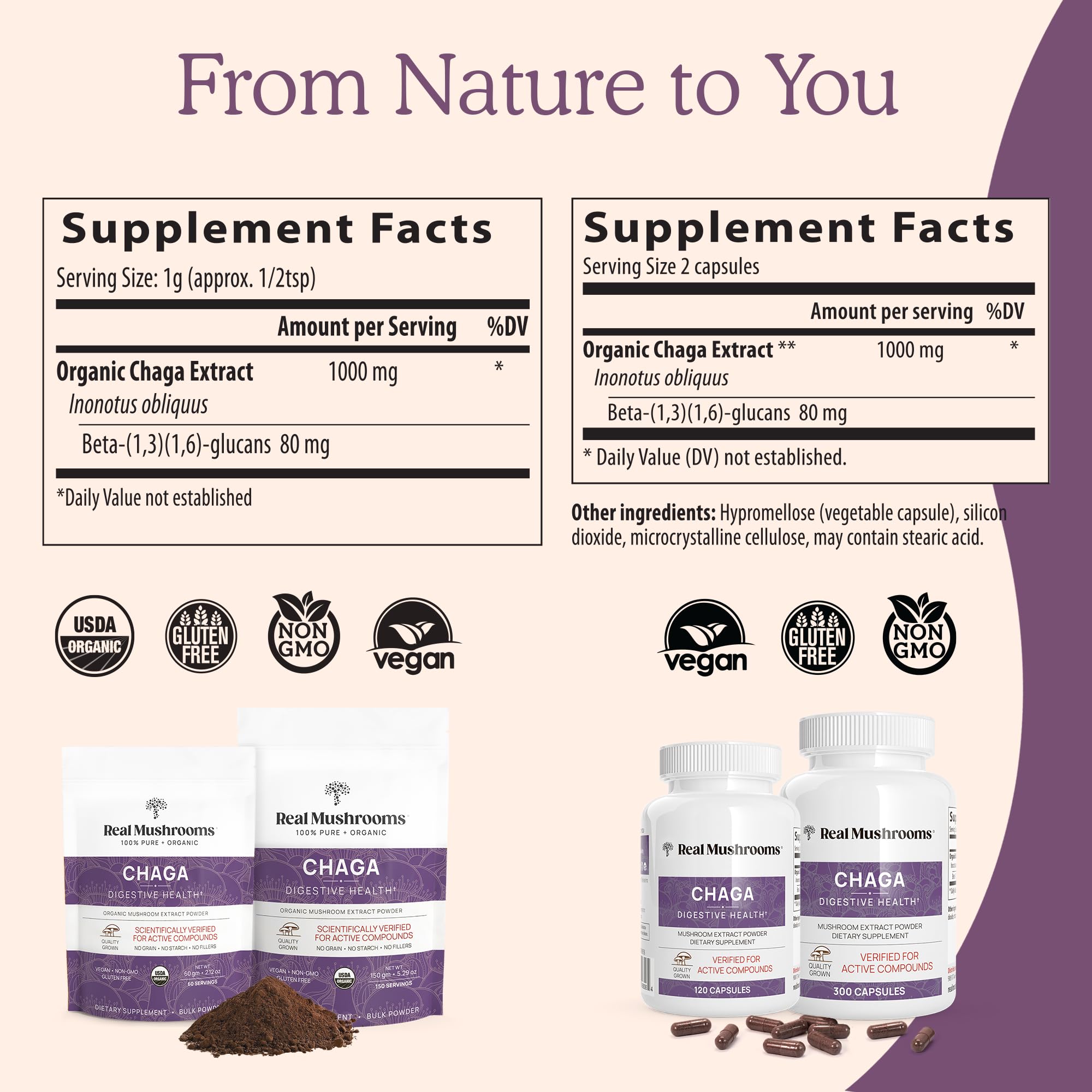 Real Mushrooms Chaga Mushroom Capsules – Organic Chaga Extract Powder with Extract Powder for Wellness & Energy Support– Vegan, Non-GMO, 120 Capsules – Organic Mushroom Supplement