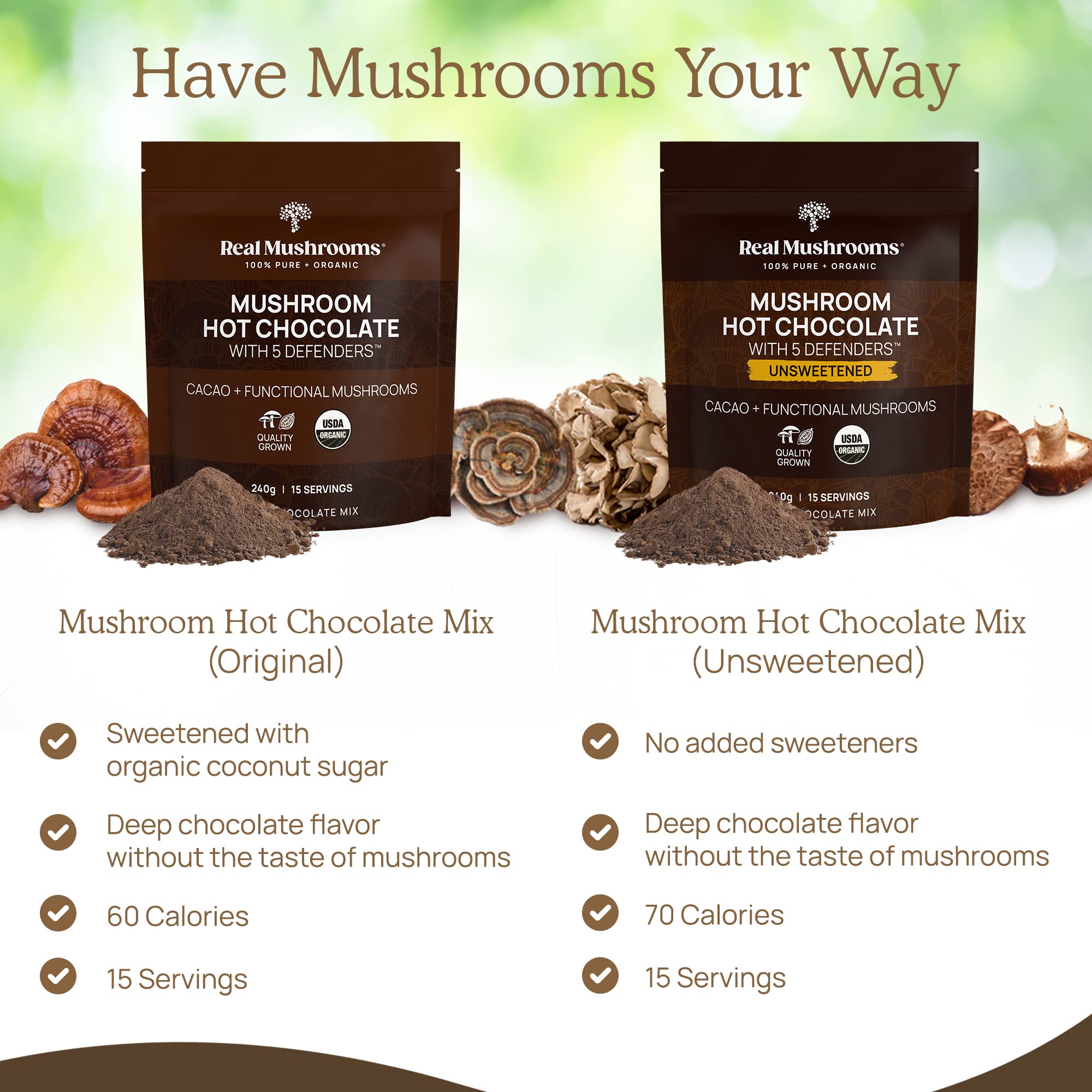 Real Mushrooms Organic Hot Chocolate Mix – 5 Defenders Cacao, Vegan, Gluten-Free