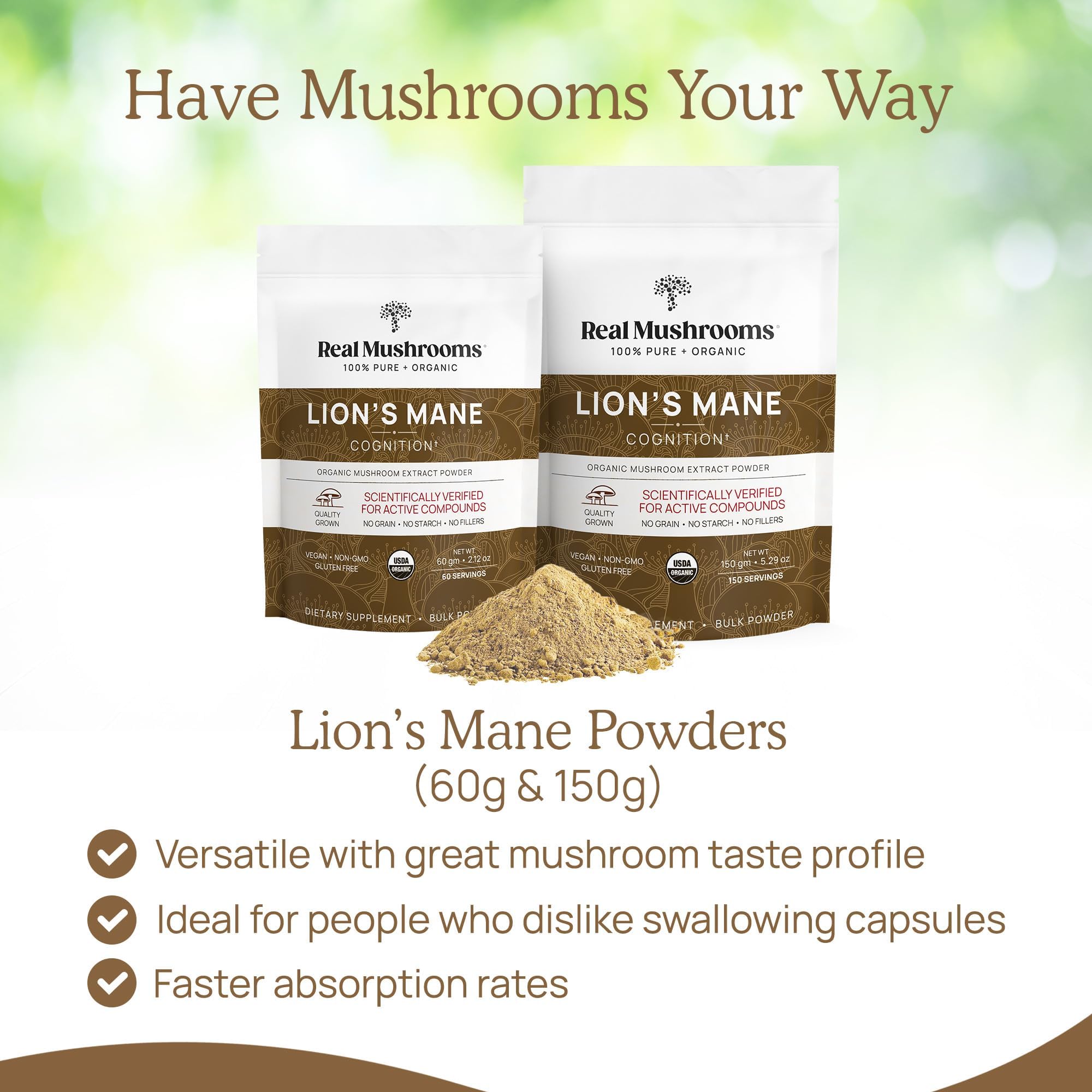 Real Mushrooms Lions Mane Supplement - Organic, Vegan, Non-GMO | 60 Servings