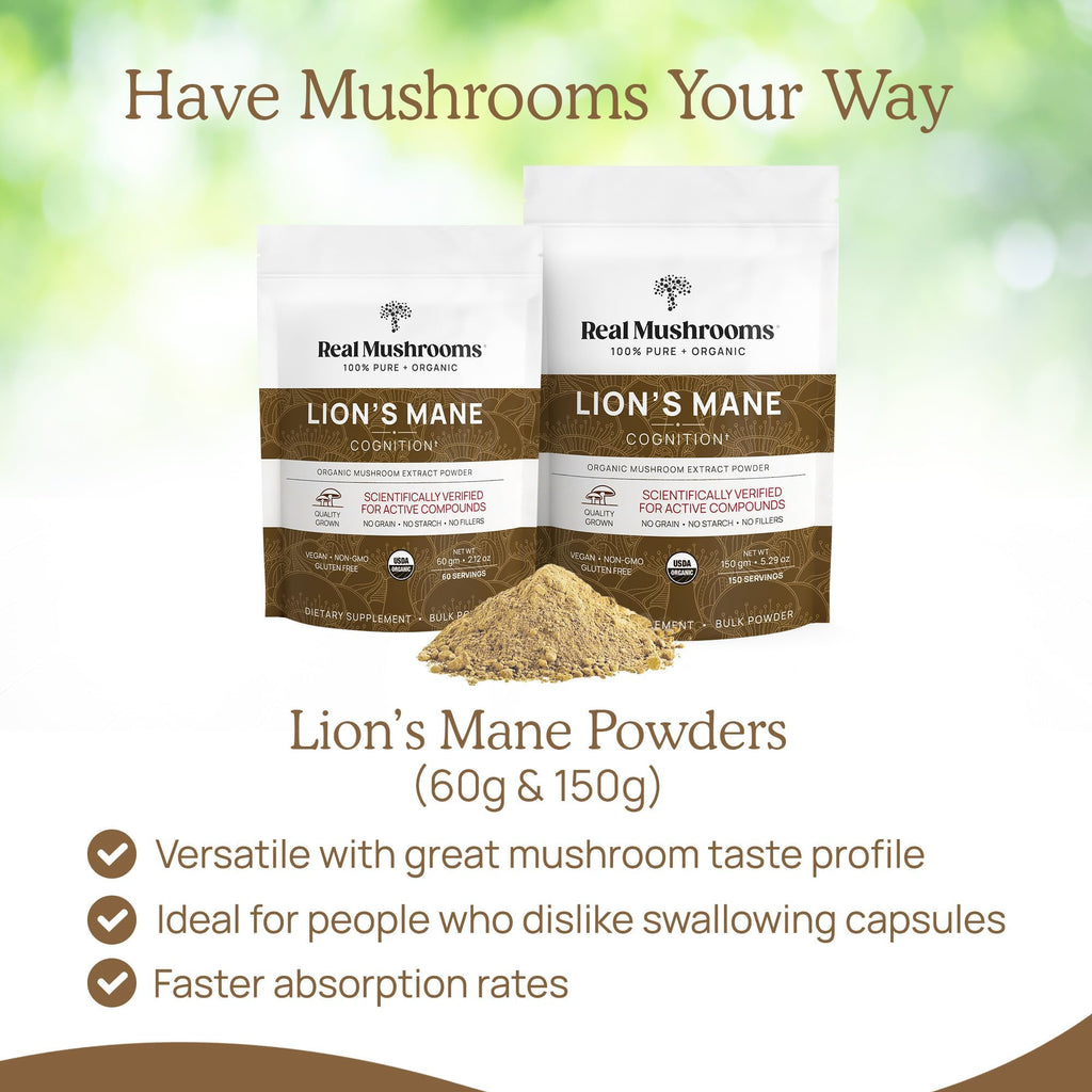 Real Mushrooms Lions Mane Supplement - Organic, Vegan, Non-GMO | 60 Servings