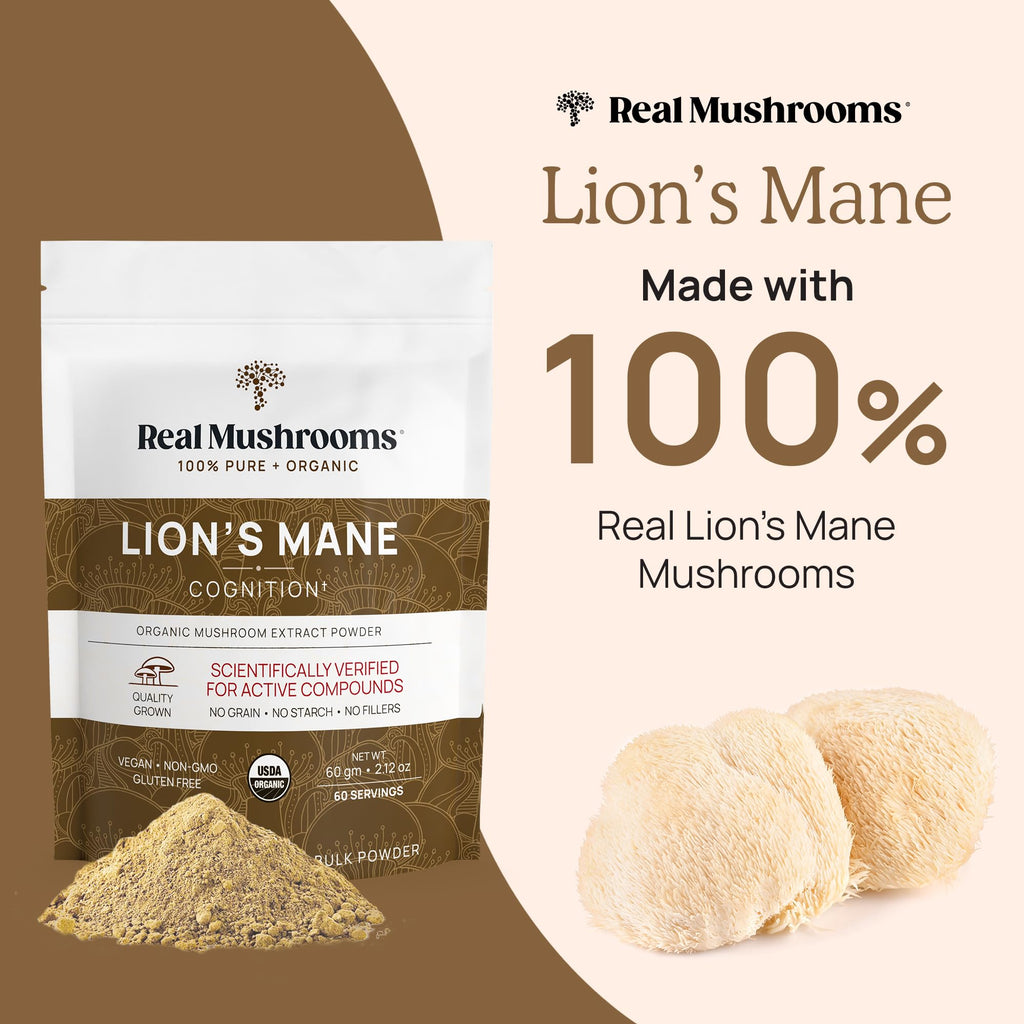 Real Mushrooms Lions Mane Supplement - Organic, Vegan, Non-GMO | 60 Servings