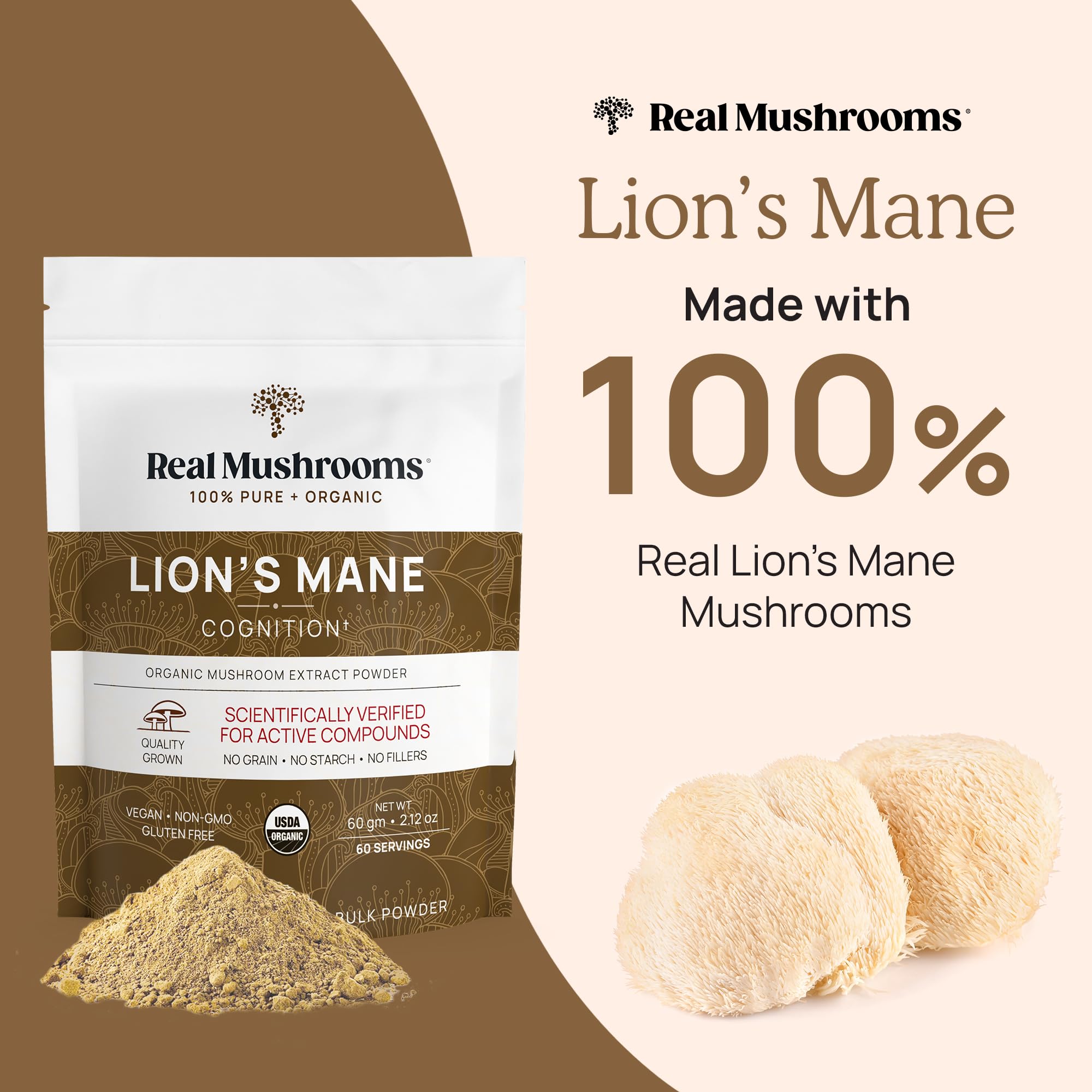 Real Mushrooms Lions Mane Supplement - Organic, Vegan, Non-GMO | 60 Servings