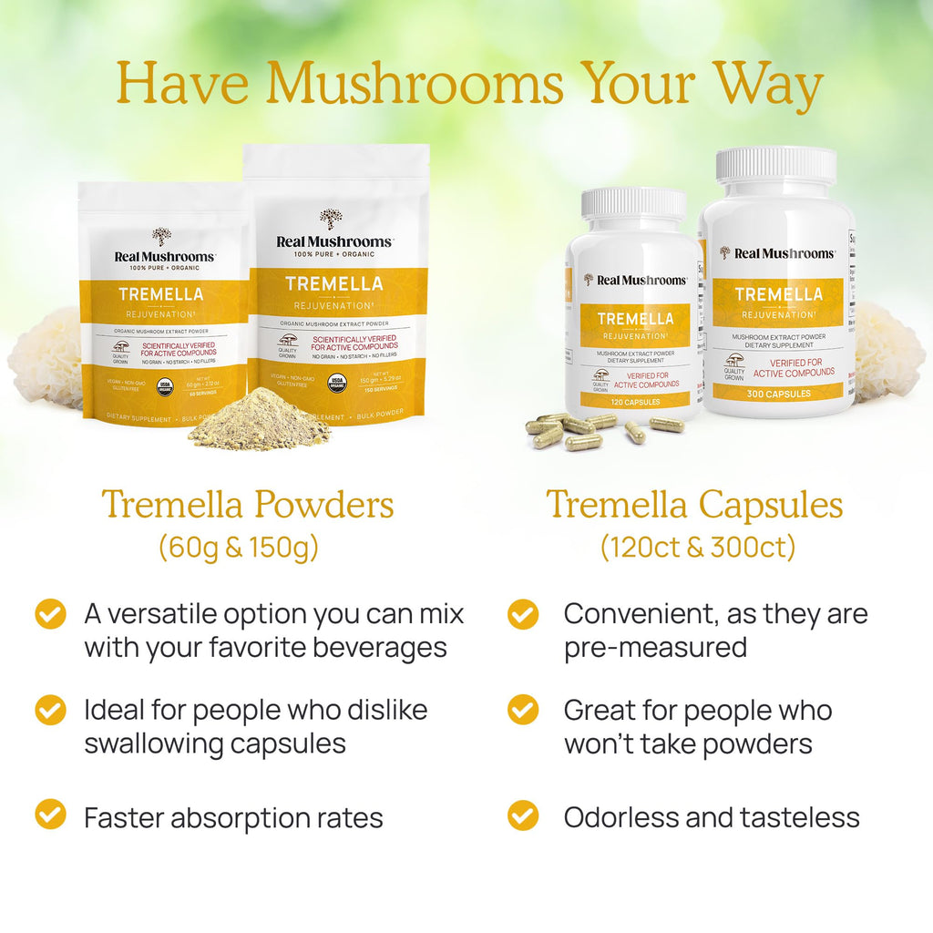 Real Mushrooms Tremella Mushroom Extract 120 Count - Vegan, Organic, Non-GMO
