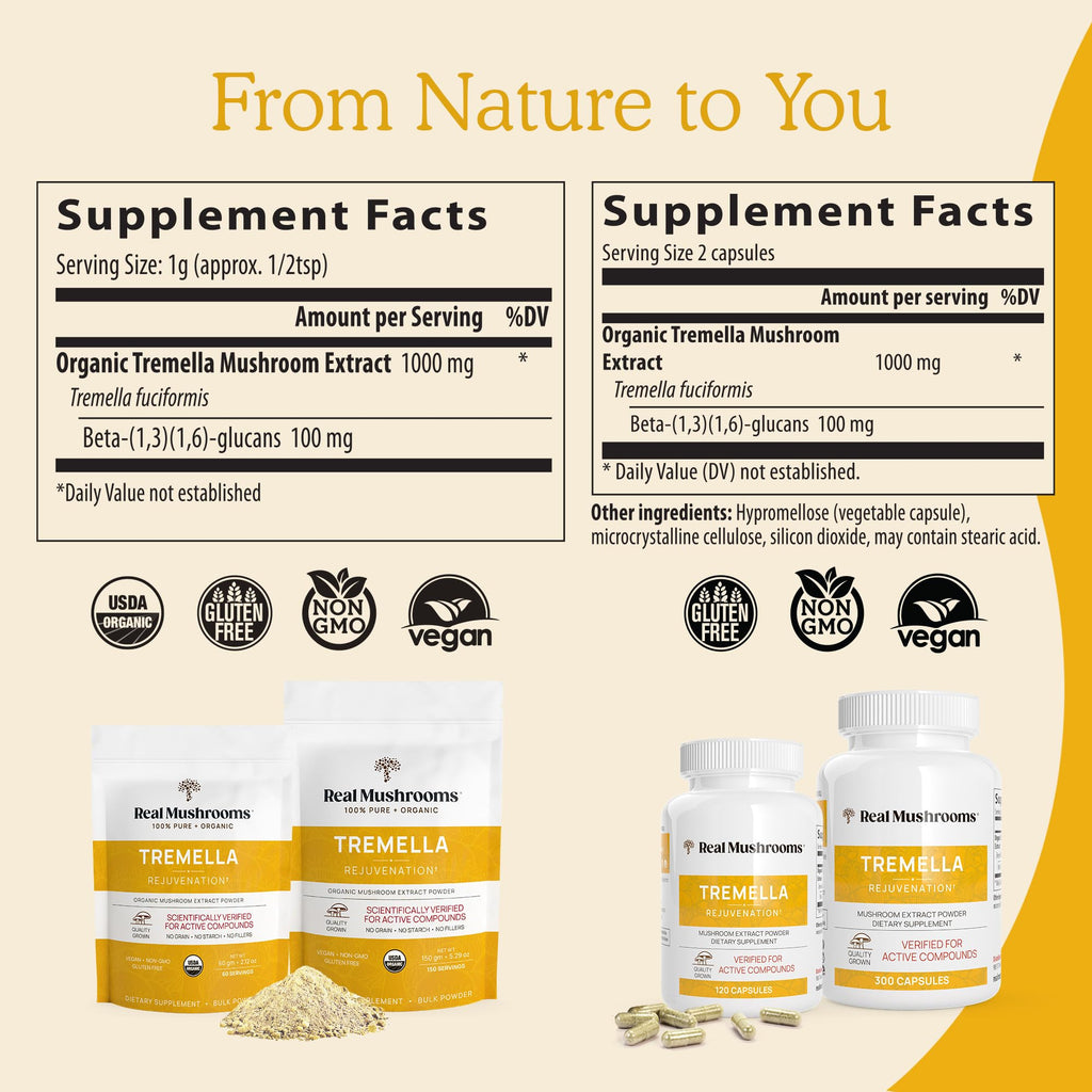 Real Mushrooms Tremella Capsules – Organic Tremella Extract, 300 Count