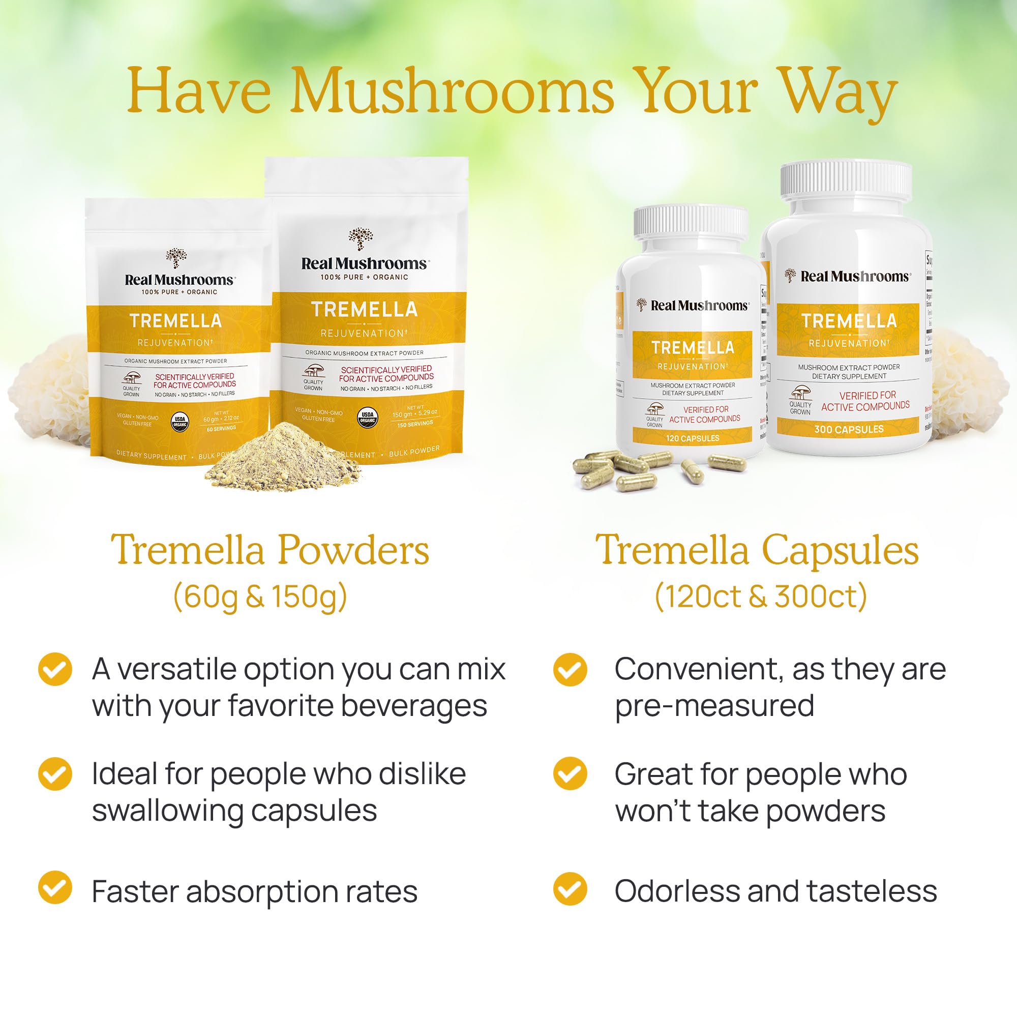 Real Mushrooms Tremella Capsules – Organic Tremella Extract, 300 Count