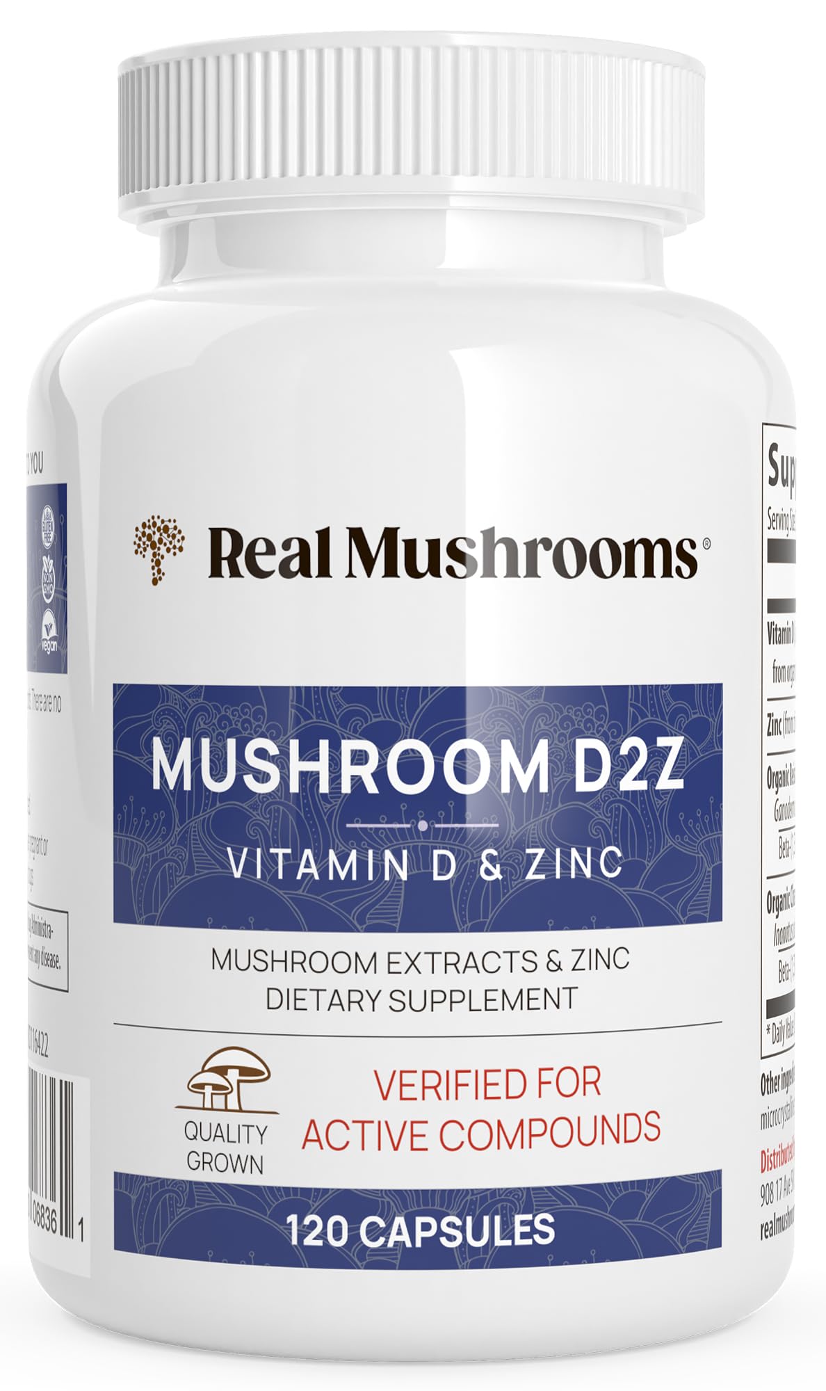 Real Mushrooms Zinc & Vitamin D2 Capsules – Organic Reishi & Chaga – Vegan, Non-GMO, Gluten-Free – 120 Count