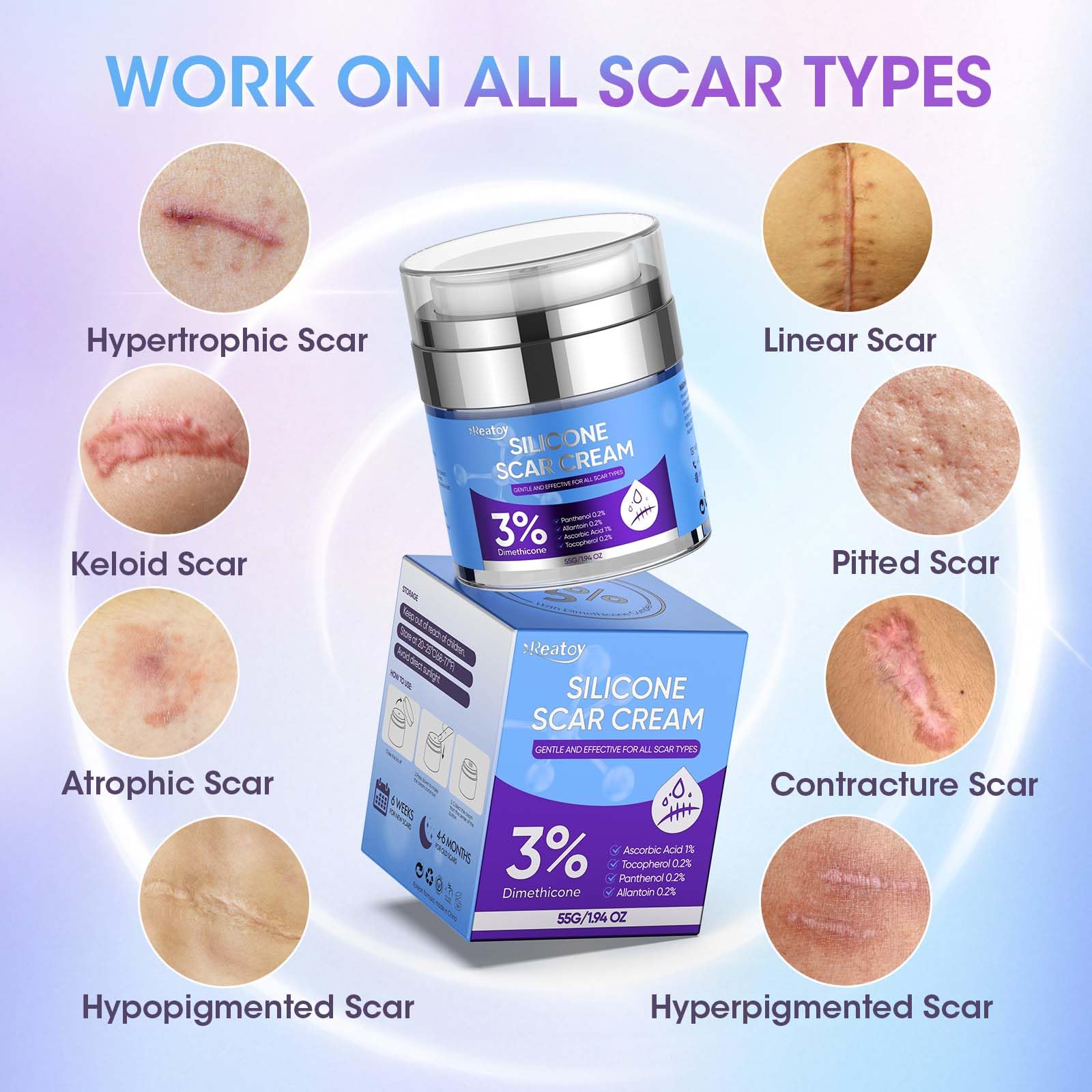Reatoy Silicone Scar Cream 3% Dimethicone – 55ml for Surgical, C-Section, Acne Scars
