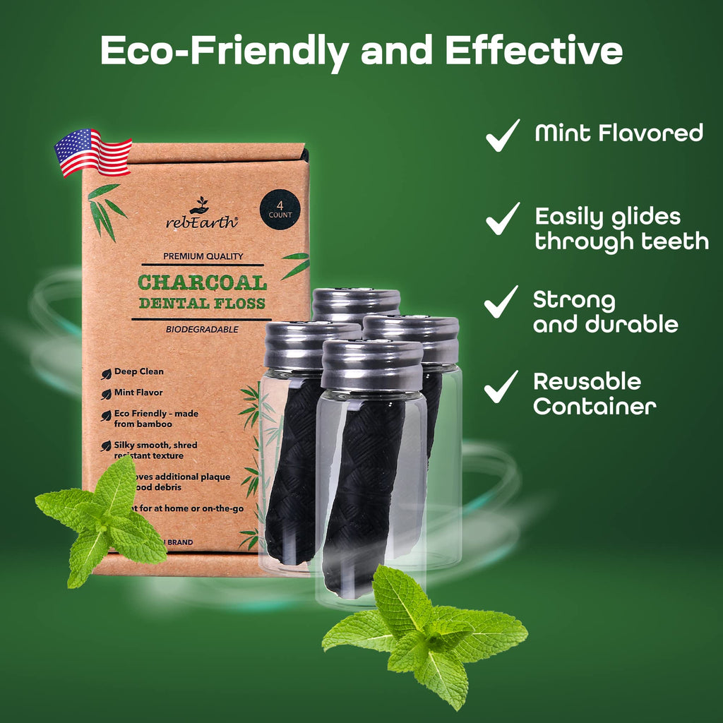 rebEarth Charcoal Bamboo Floss Pack of 4 – Mint, Glass Container