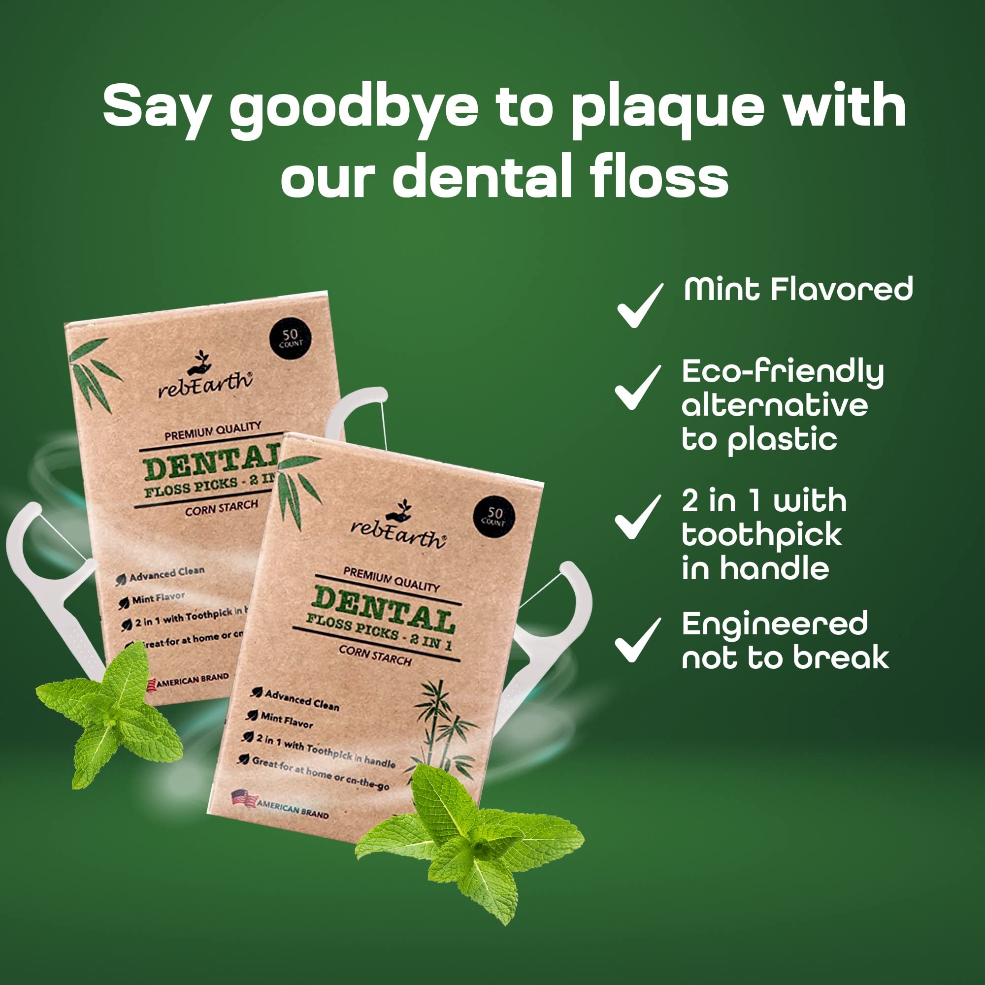 rebEarth Mint Flavored Dental Floss Picks – 200 Count, 2-in-1 Plant-Based