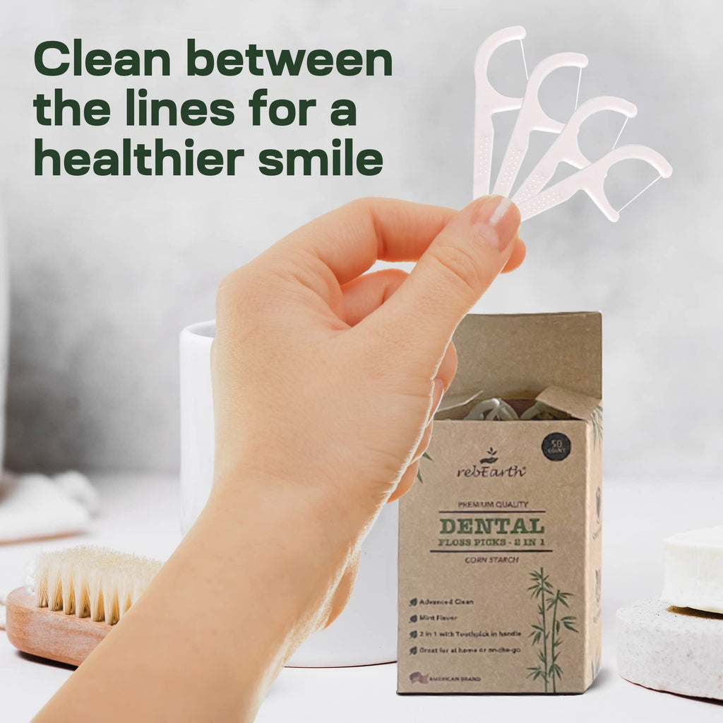 rebEarth Mint Flavored Dental Floss Picks – 200 Count, 2-in-1 Plant-Based