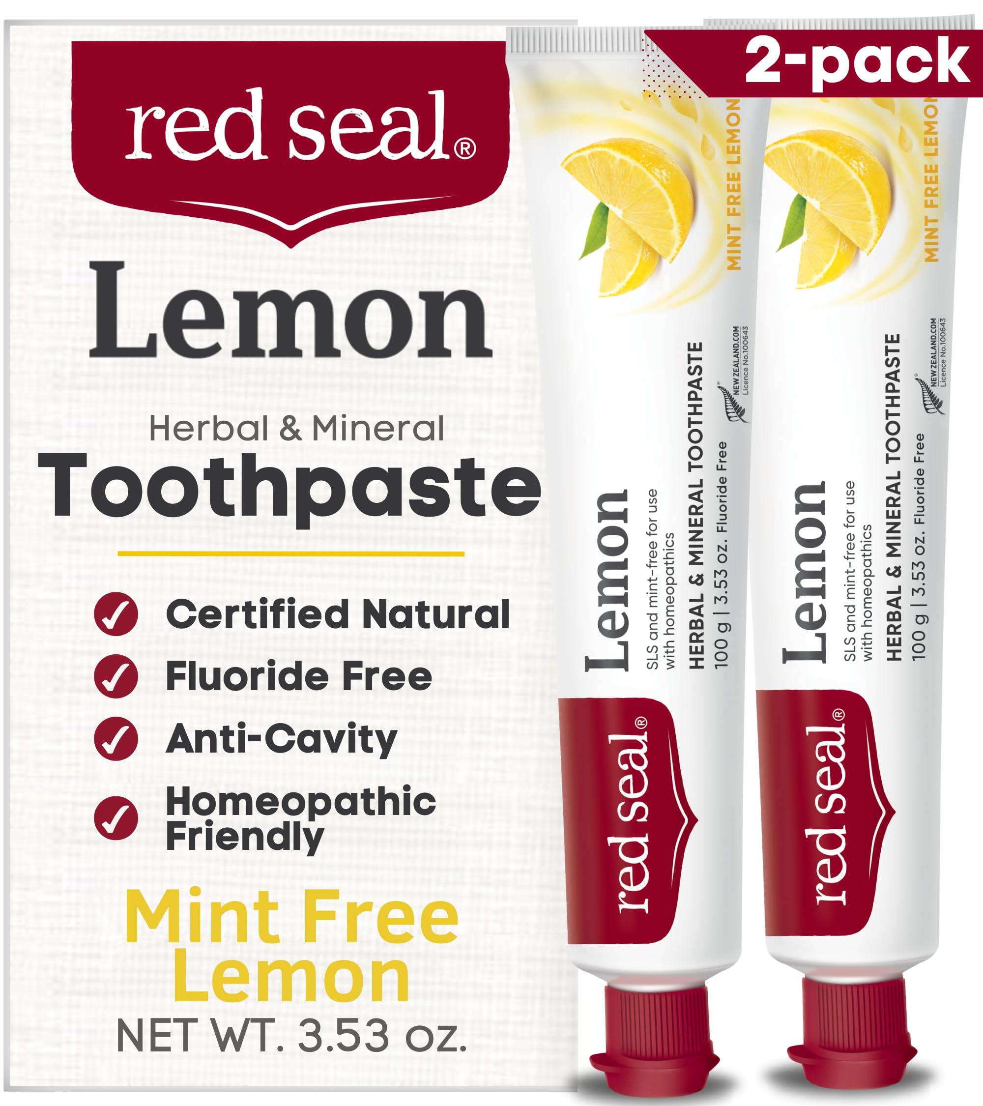 Red Seal Fluoride Free Lemon Toothpaste - Mint-Free Citrus Flavor | Vegan, Cruelty-Free, SLS Free, NATRUE Certified, 3.53 oz