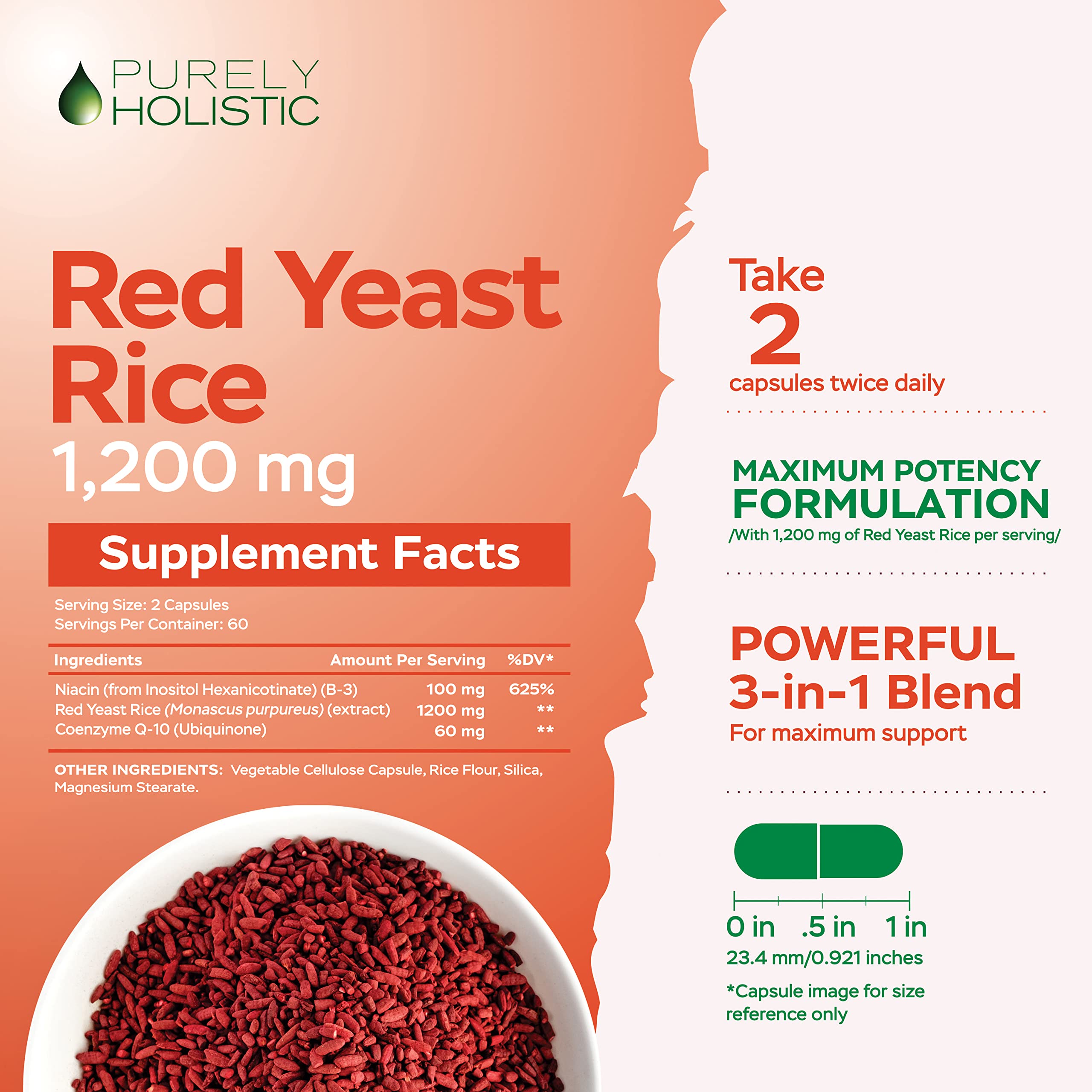 Red Yeast Rice 1200mg with CoQ10 & Niacin – 120 Vegetarian Capsules | Healthy Heart Formula