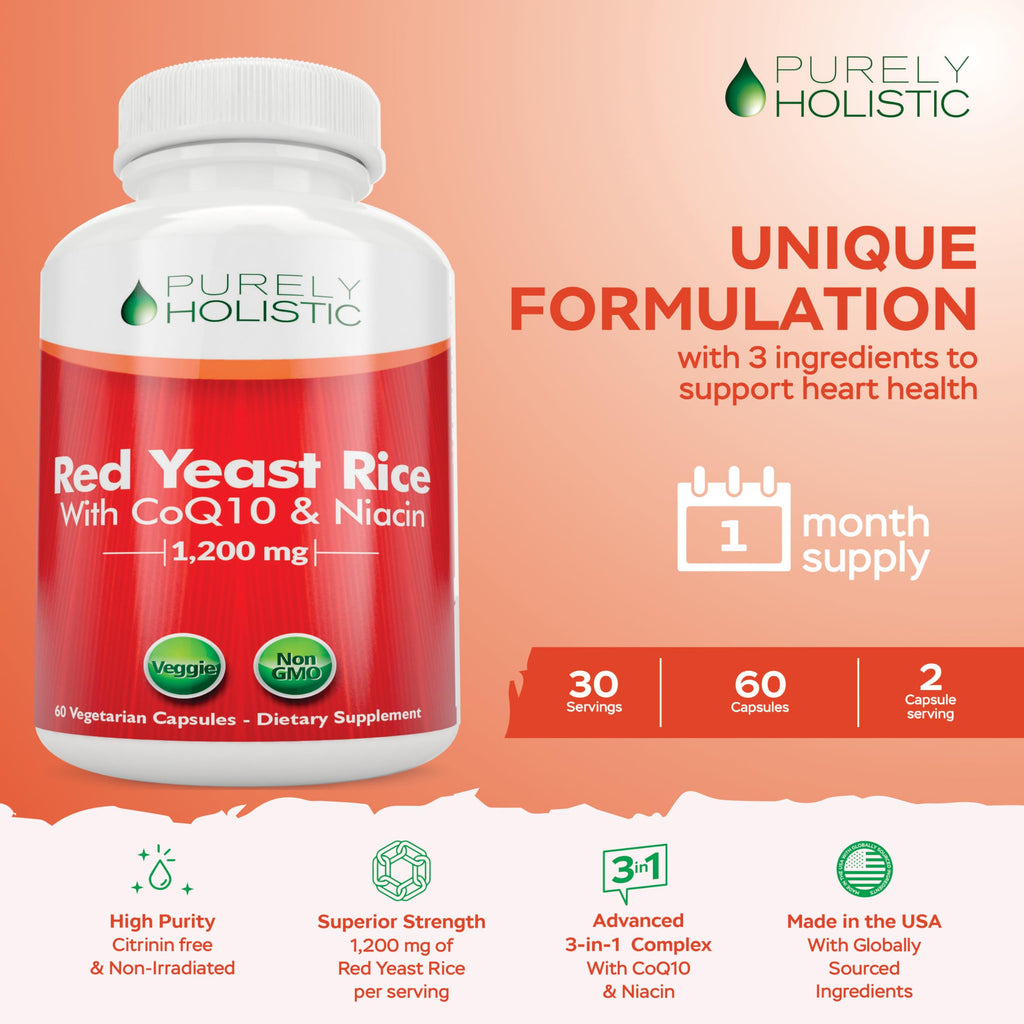 Purely Holistic Red Yeast Rice 1200mg with CoQ10 & Flush Free Niacin - 60 Vegetarian Capsules