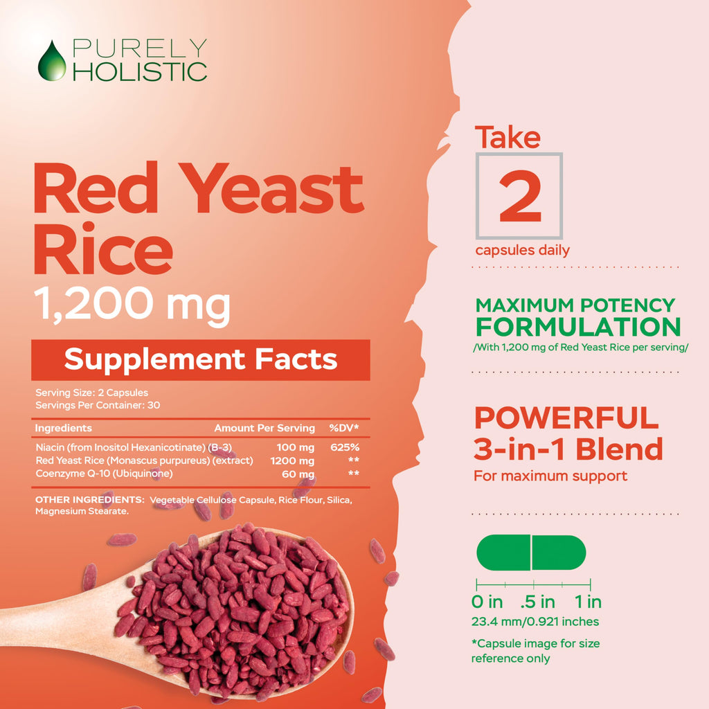 Purely Holistic Red Yeast Rice 1200mg with CoQ10 & Flush Free Niacin - 60 Vegetarian Capsules