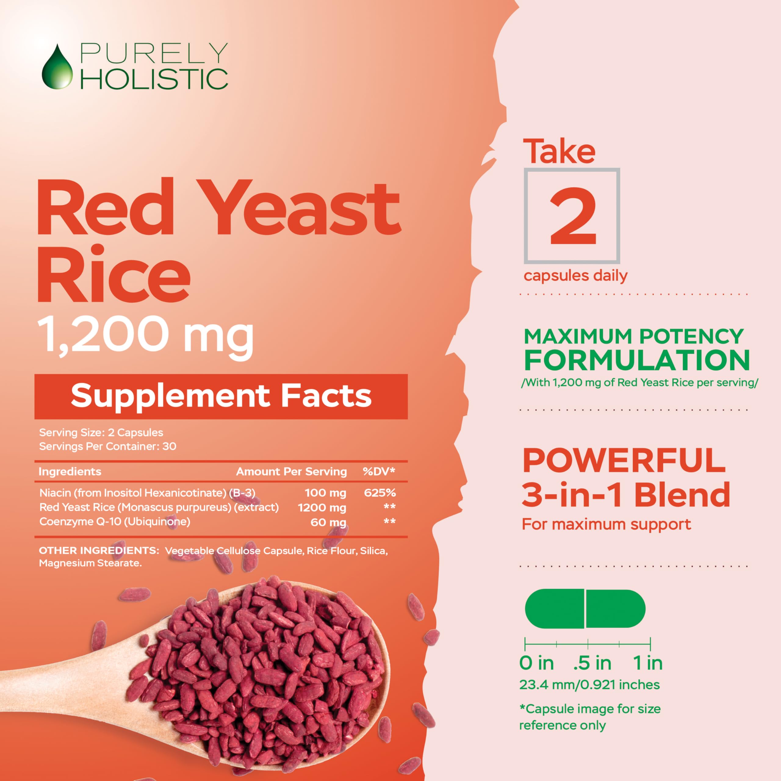 Purely Holistic Red Yeast Rice 1200mg with CoQ10 & Flush Free Niacin - 60 Vegetarian Capsules