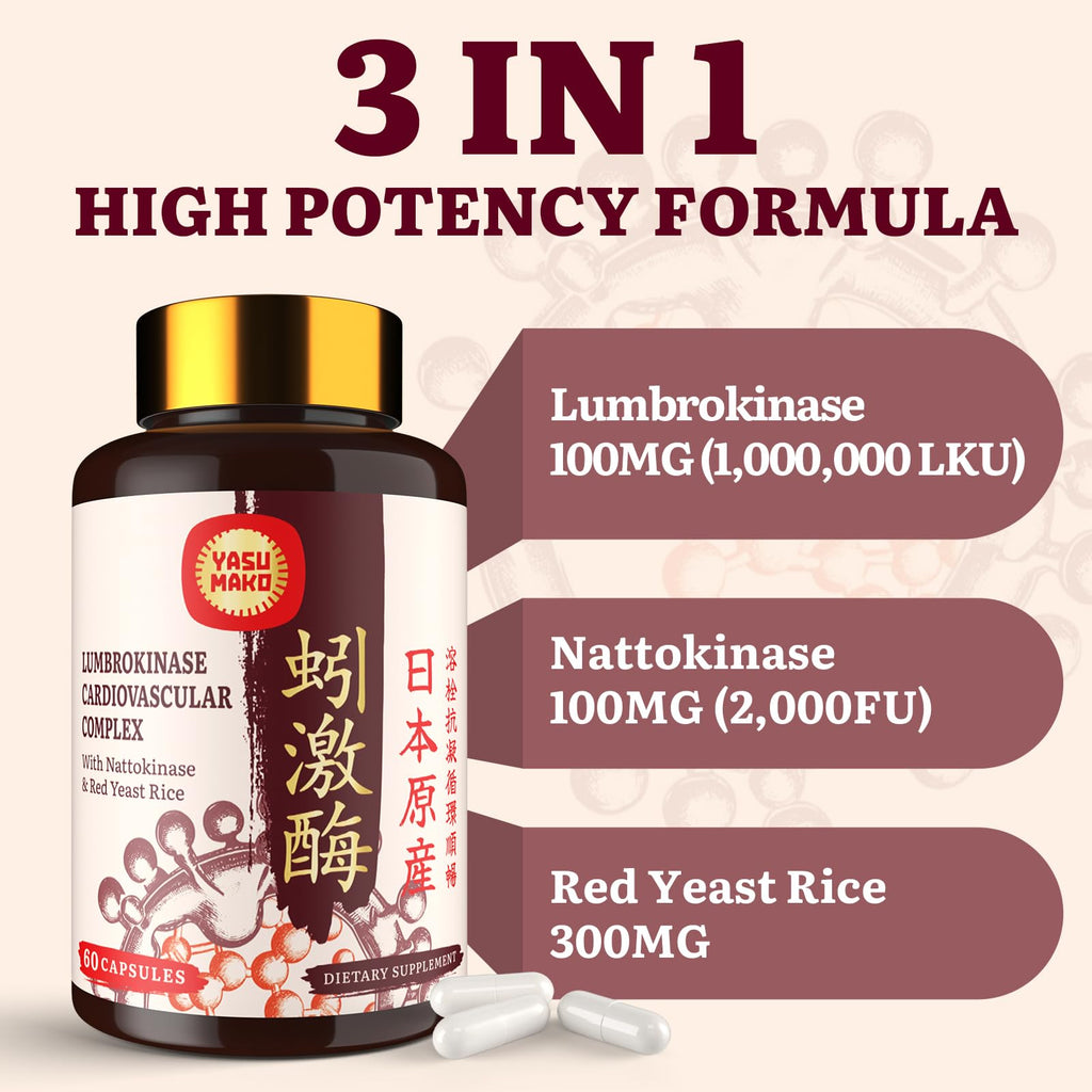 Lumbrokinase 100mg + Nattokinase 100mg + Red Yeast Rice 300mg – Circulation & Cognition, 180 Capsules (Pack of 3)