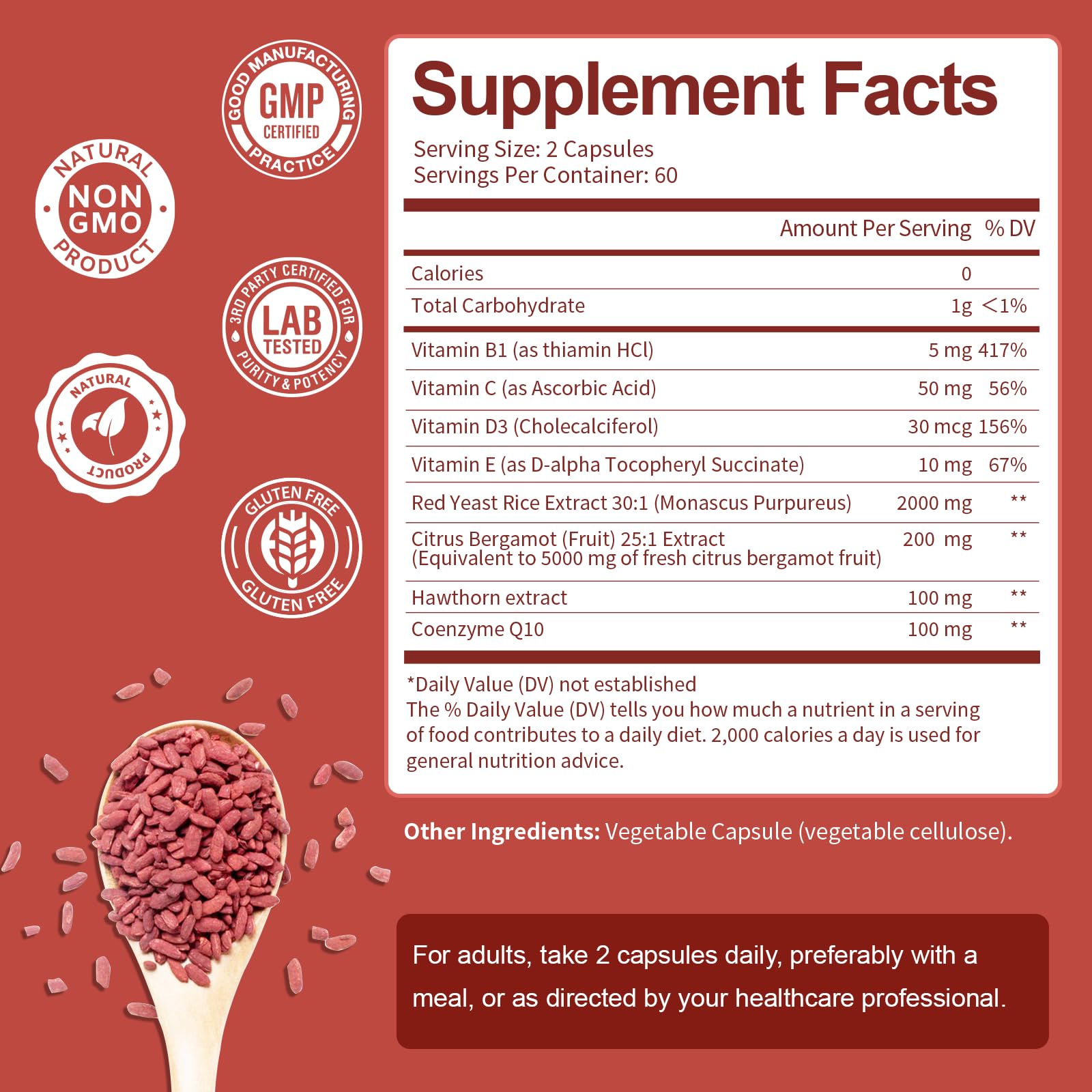 Red Yeast Rice 2,000mg with CoQ10 – Citrinin-Free, Bergamot & Hawthorn | Vegan Non-GMO