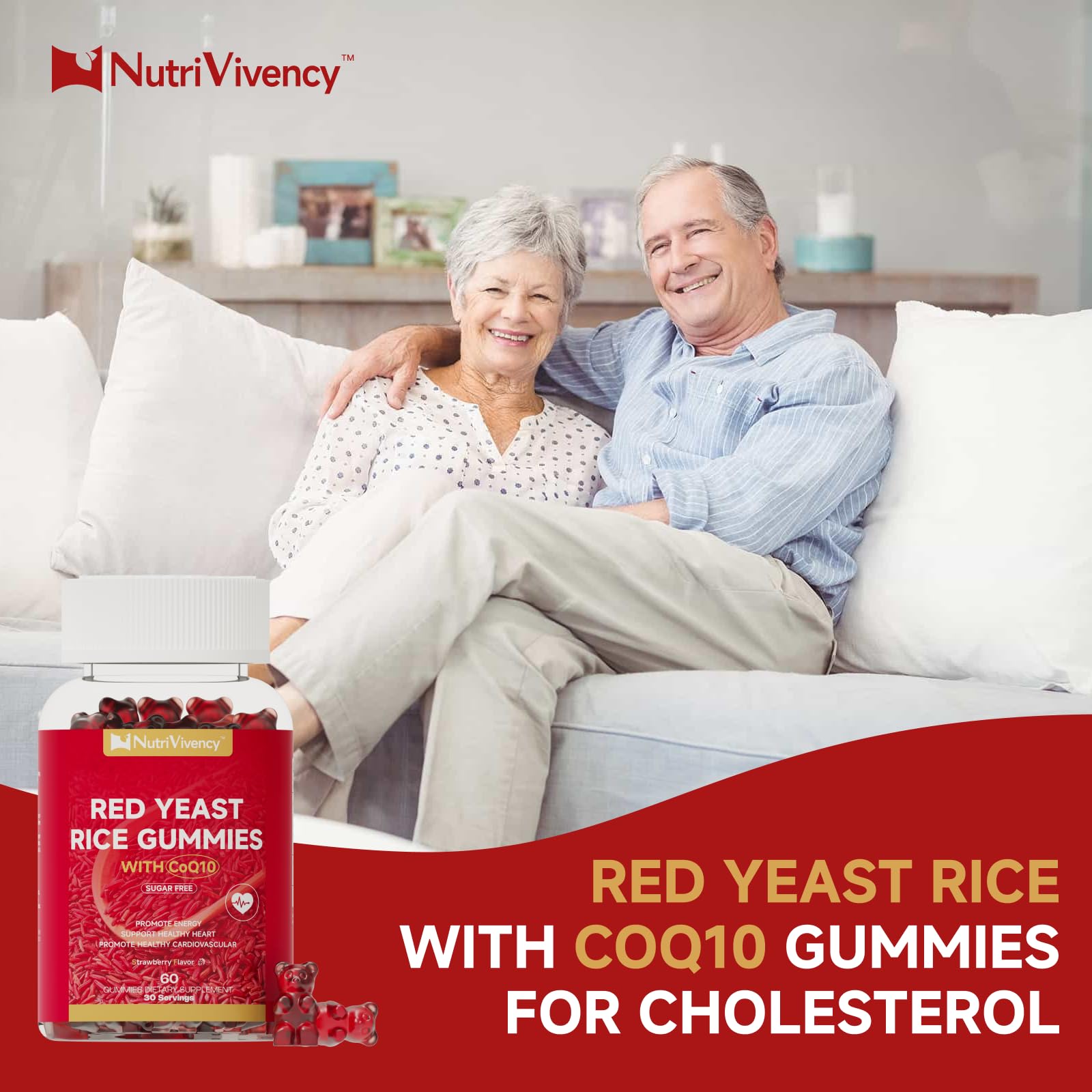 Red Yeast Rice with CoQ10 Gummies - 2400mg + 200mg CoQ10, Strawberry Flavor, 60 Counts, Vegan