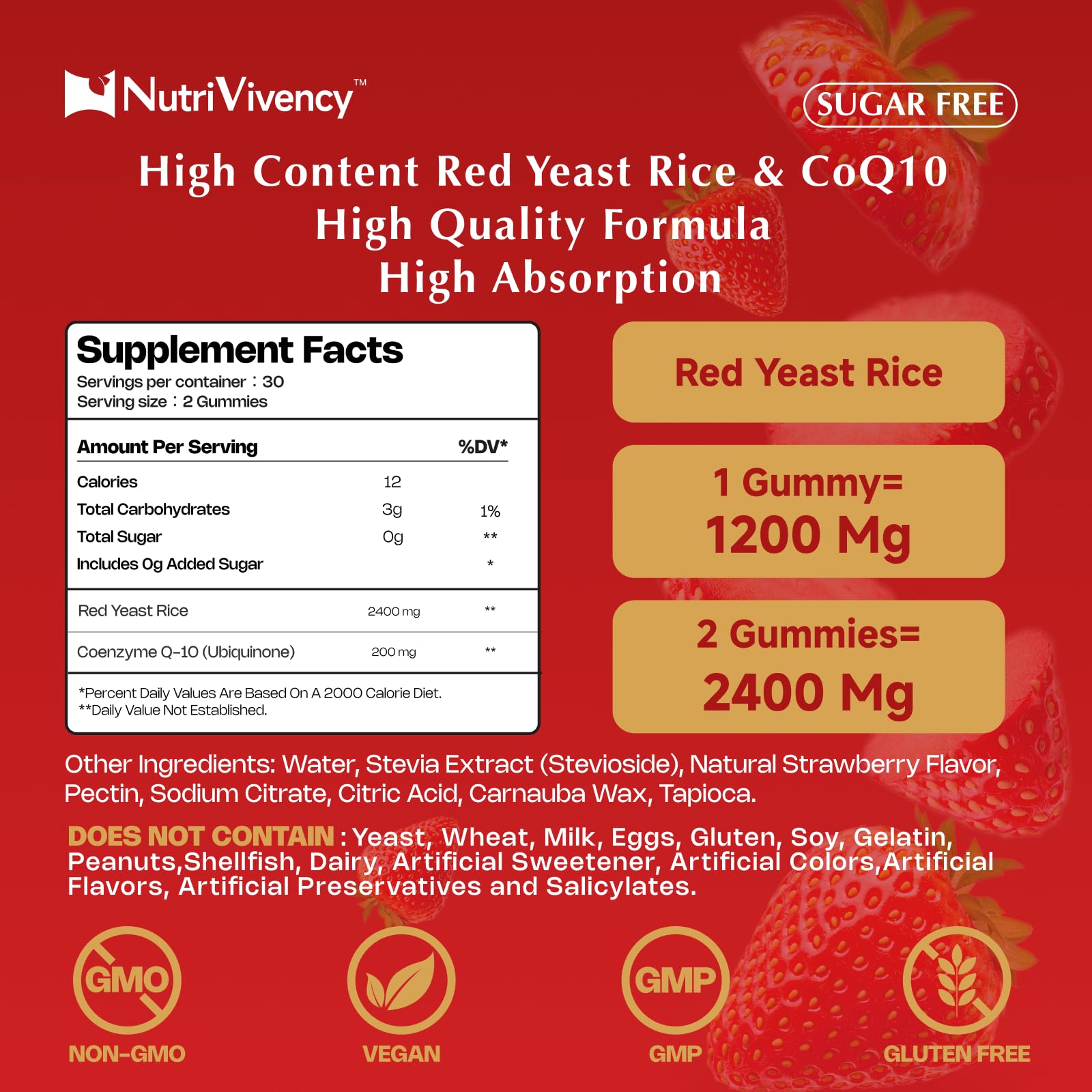 Red Yeast Rice with CoQ10 Gummies - 2400mg + 200mg CoQ10, Strawberry Flavor, 60 Counts, Vegan