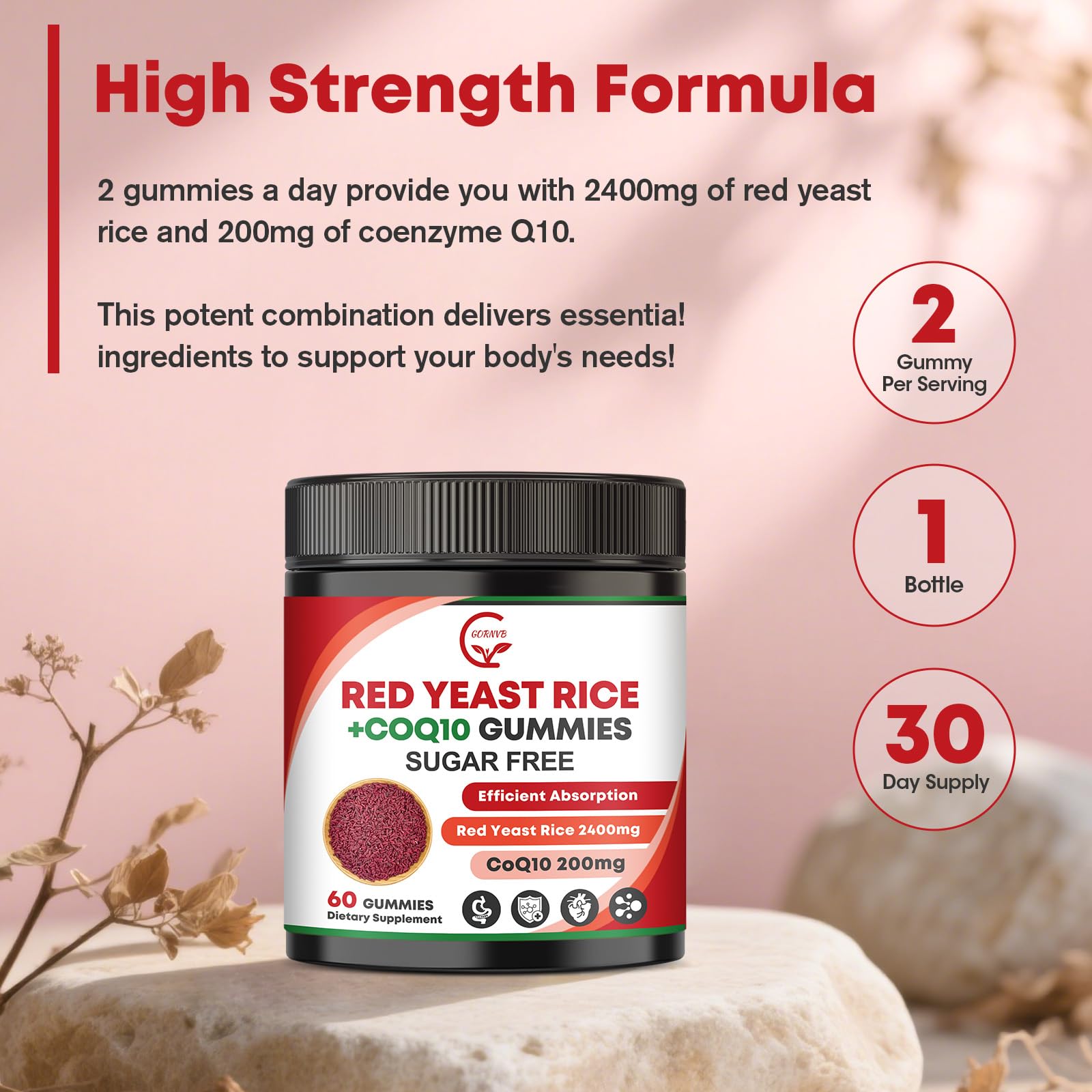 Red Yeast Rice with CoQ10 Gummies - 2400mg + 200mg Cholesterol Support (60 Count) - Sugar Free, Vegan