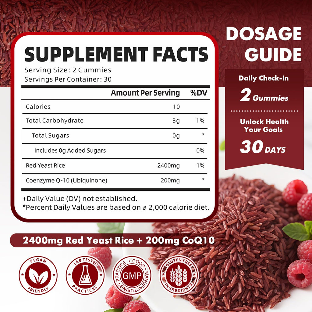 2 Pack Red Yeast Rice with CoQ10 Gummies - Sugar Free Raspberry Flavor, 120 Count
