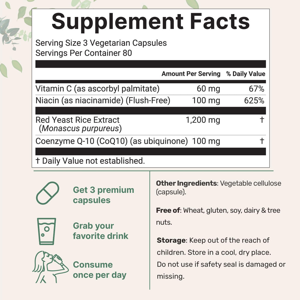 Red Yeast Rice 1,200mg + CoQ10 100mg | 240 Veggie Capsules | 4-in-1 Niacin & Vitamin C for Heart Health