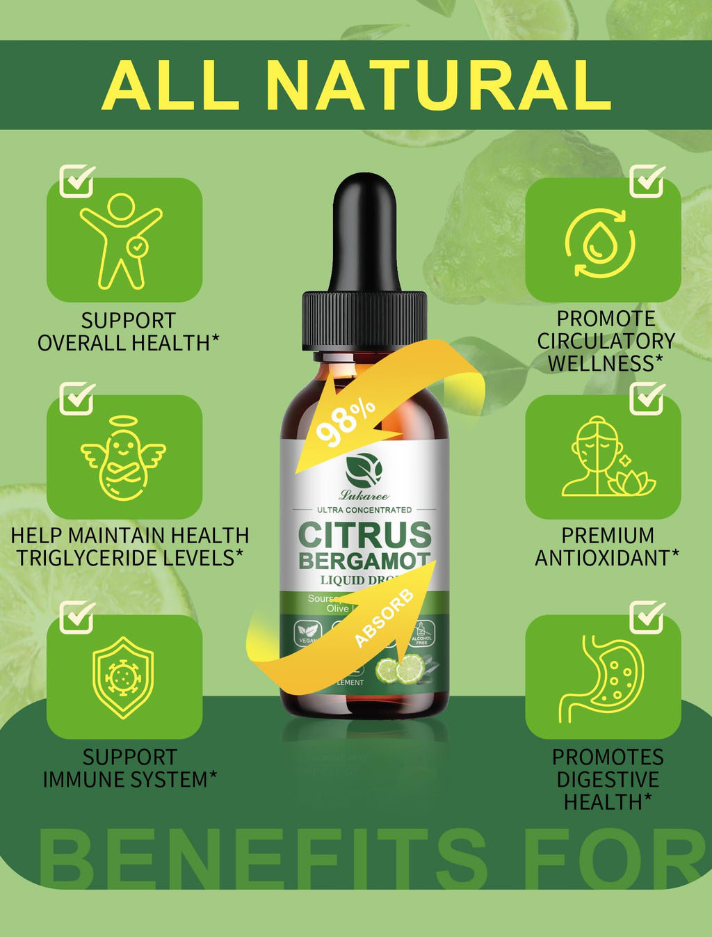 Citrus Bergamot Liquid Drops – High Absorption (2 Fl Oz) with Soursop, Garlic, Olive Leaf & Red Yeast Rice