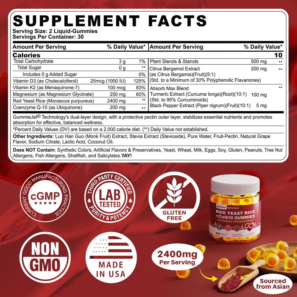 Red Yeast Rice Gummies 2400mg CoQ10 – Sugar-Free Vegan 60 Count | Cholesterol & Vascular Health