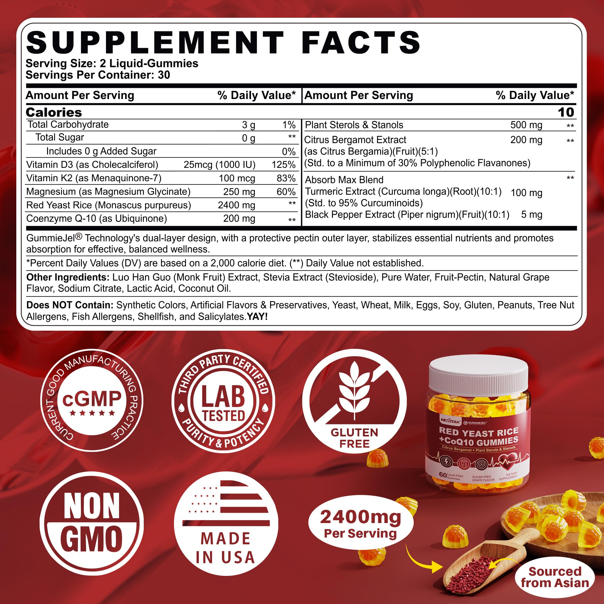Red Yeast Rice Gummies 2400mg CoQ10 – Sugar-Free Vegan 60 Count | Cholesterol & Vascular Health