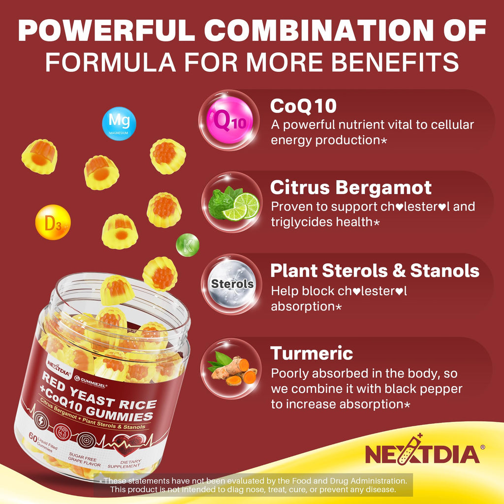 Red Yeast Rice Gummies 2400mg CoQ10 – Sugar-Free Vegan 60 Count | Cholesterol & Vascular Health