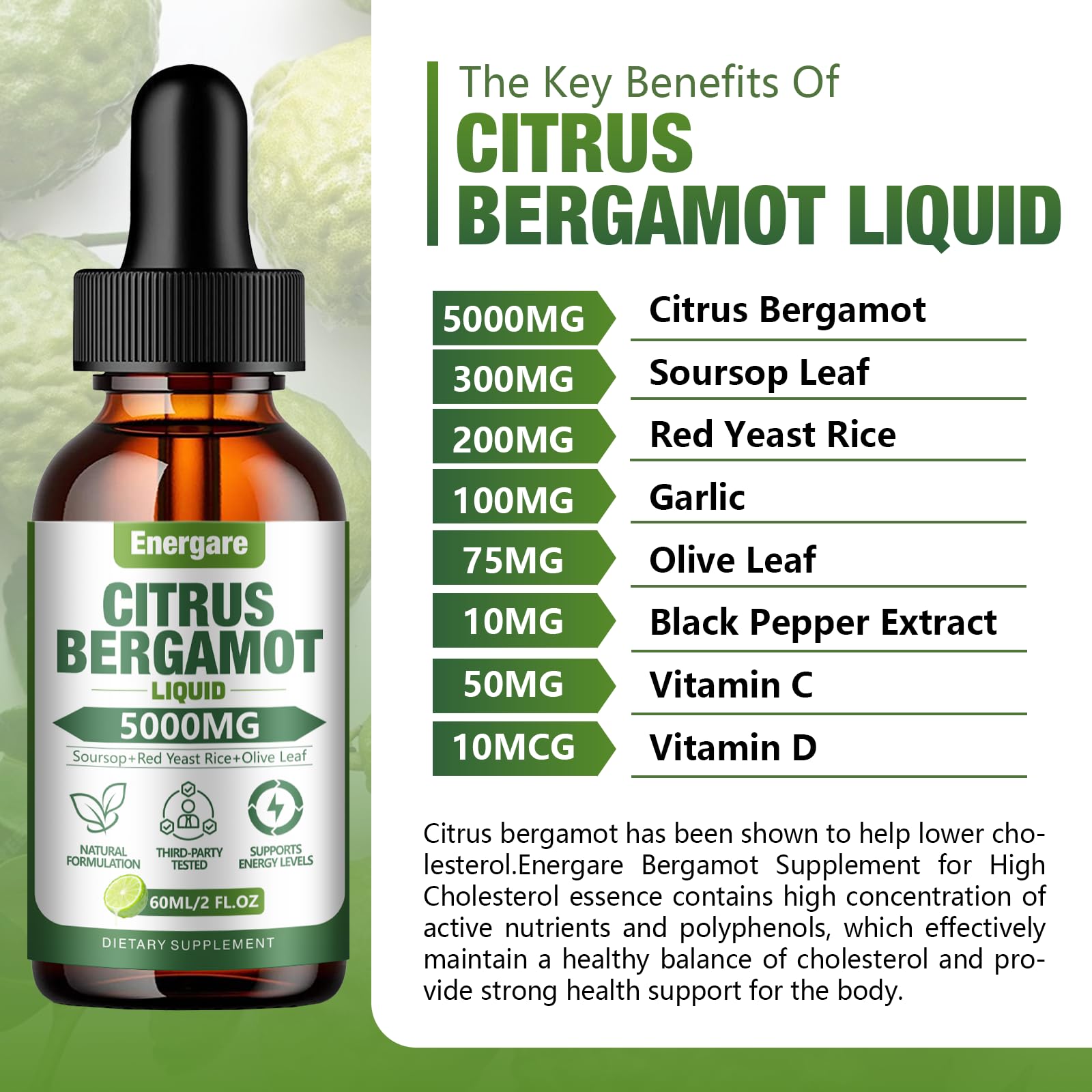 1 Pack 5000MG Citrus Bergamot Liquid Drops – High Cholesterol Support (2 oz) with Soursop & Olive Leaf