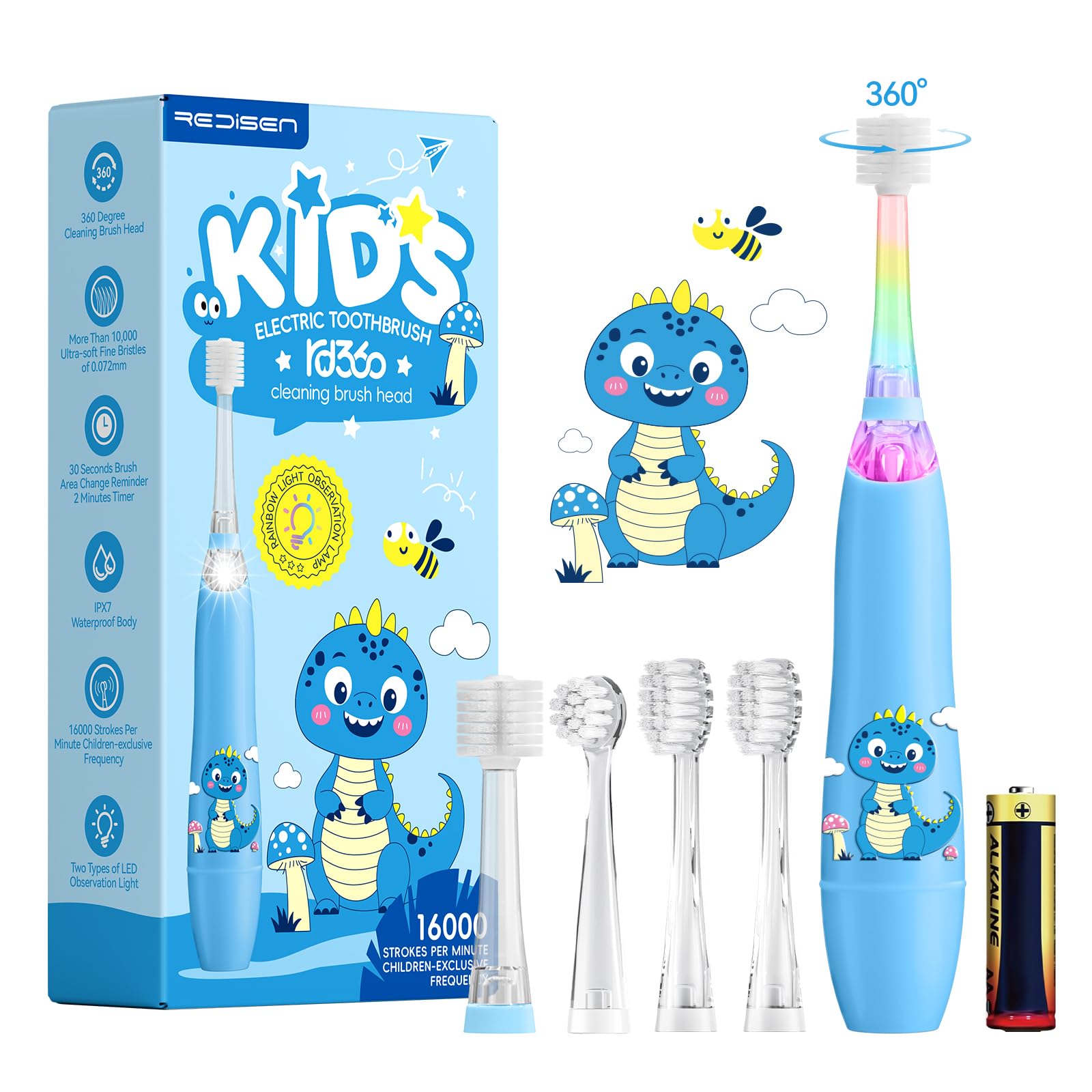 ReDISEN Kids Electric Toothbrush – Sonic for Toddlers | 2-Min Timer, Blue Dinosaur