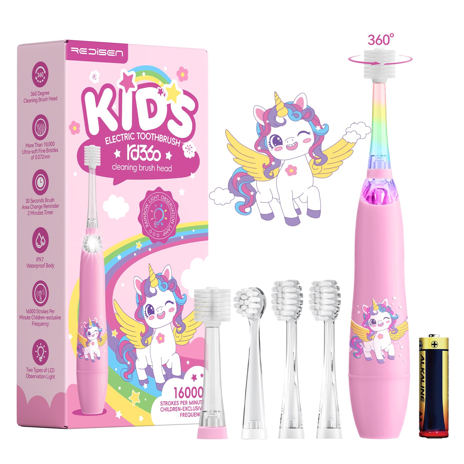 ReDISEN Kids Electric Toothbrush – Toddler Sonic, 2-Min Timer, 4 Heads, Pink Unicorn