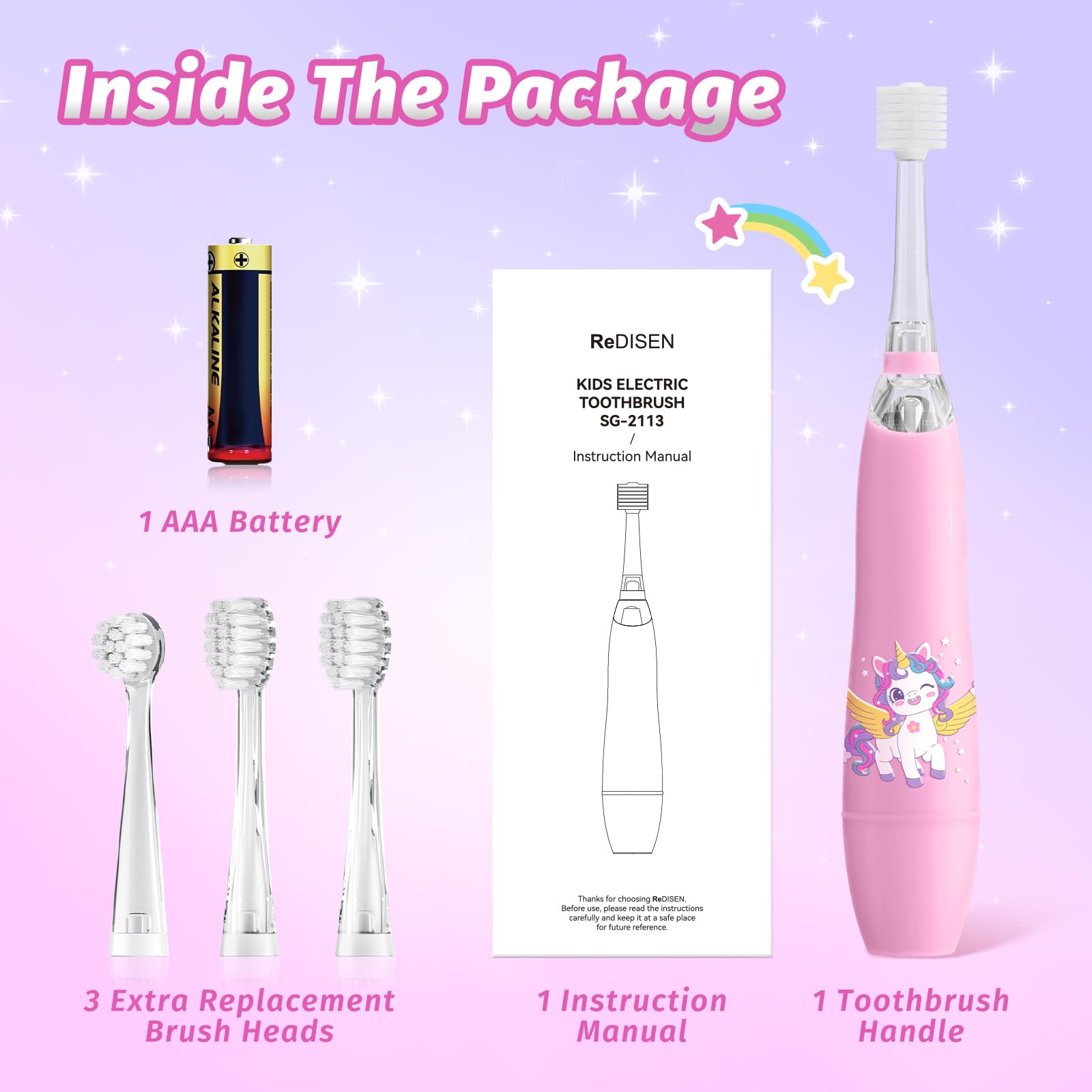 ReDISEN Kids Electric Toothbrush – Toddler Sonic, 2-Min Timer, 4 Heads, Pink Unicorn