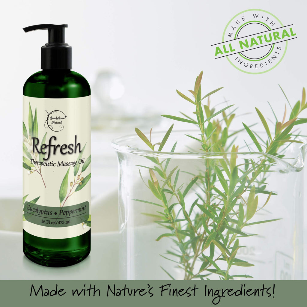 Refresh Massage Oil - Eucalyptus & Peppermint, All Natural Nut-Free 16oz for Massage Therapy