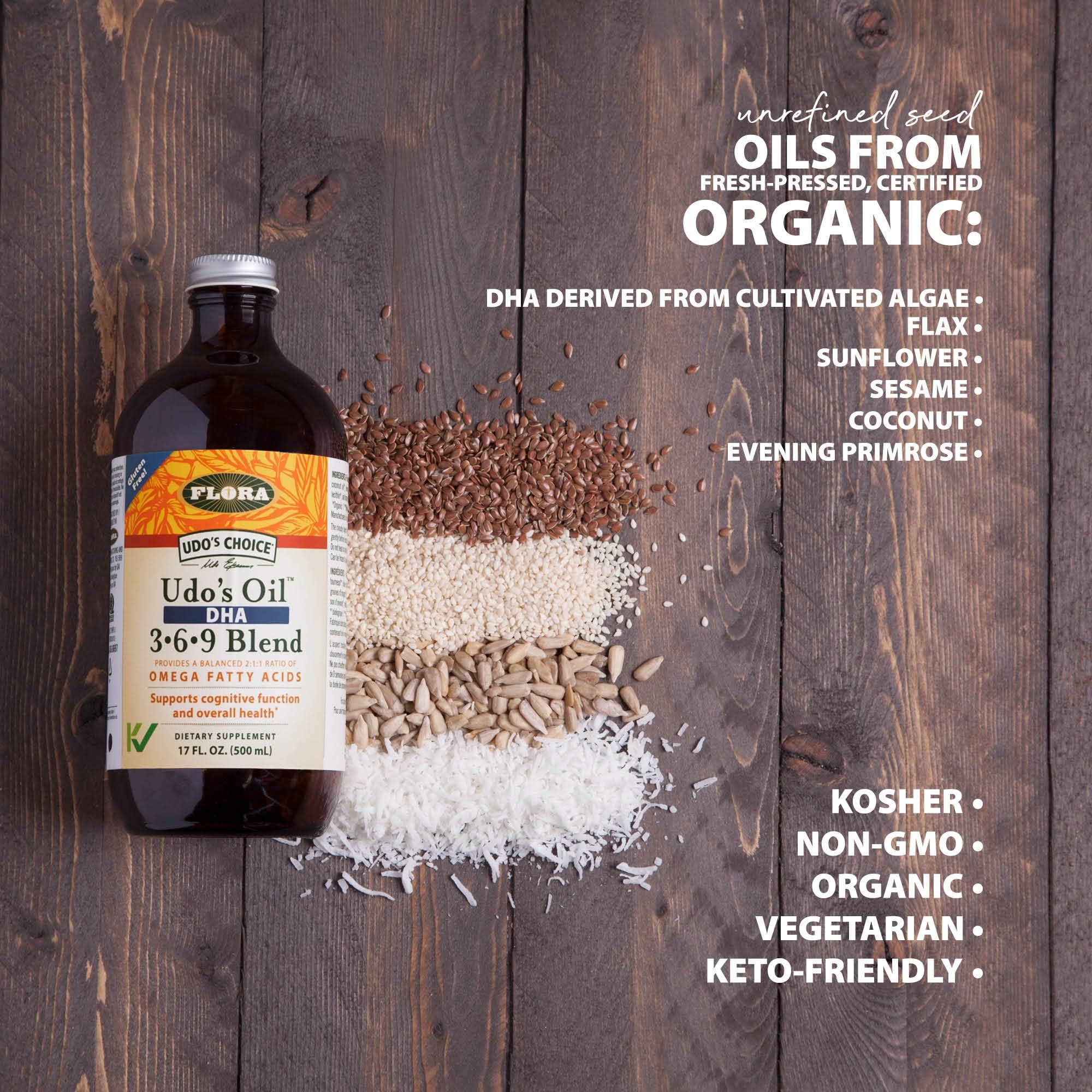 Flora Udo's Oil DHA 3-6-9 Blend - Vegan Omega-3-6-9 for Brain & Eye Health - 17 fl oz