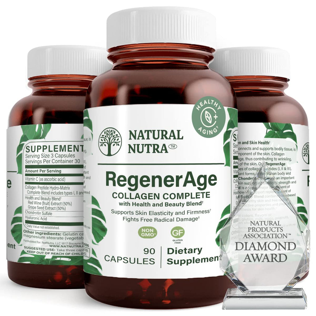 Natural Nutra RegenerAge – Skin Health Supplement with Protein Peptides, Vitamin C, Grape Seed (90 Capsules) – Gluten Free