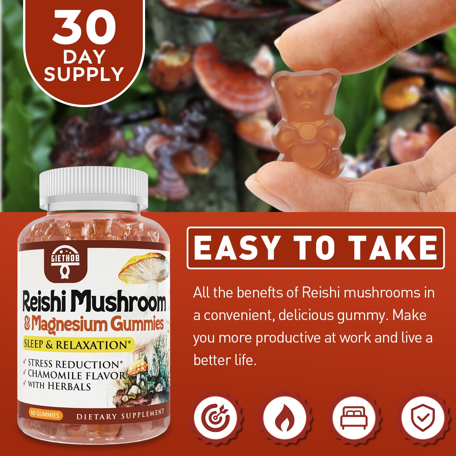 Reishi Mushroom Gummies - Cortisol Support, Relaxation & Immunity | Vegan (60 Gummies)