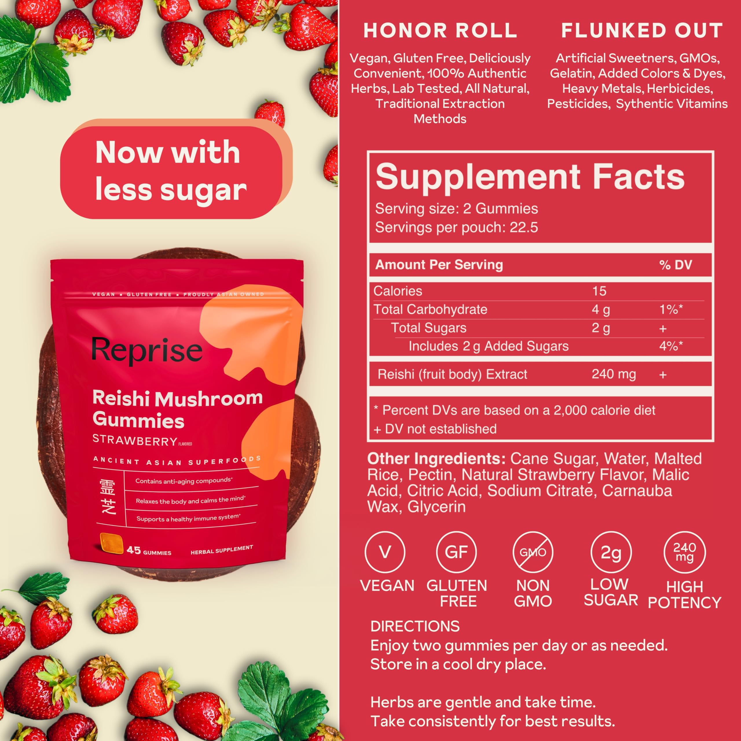 Reishi Mushroom Gummies | Hongo Reishi Mushroom Supplement Gummies (Lingzhi, Ganoderma Lucidum) | Full Spectrum Stress Gummies for Adults | Red Reishi Mushroom | Strawberry Flavor | 45 Count