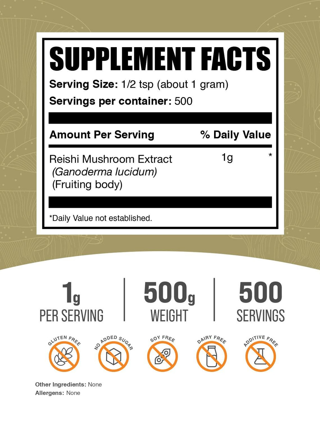 Reishi Mushroom Extract Powder – 500g (1g/Serving) – Gluten Free | BulkSupplements