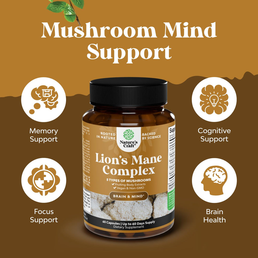 Advanced Lion's Mane Mushroom Supplement with Reishi, Chaga, Maitake & Shiitake – Brain Health, Memory & Focus - 60 Caps