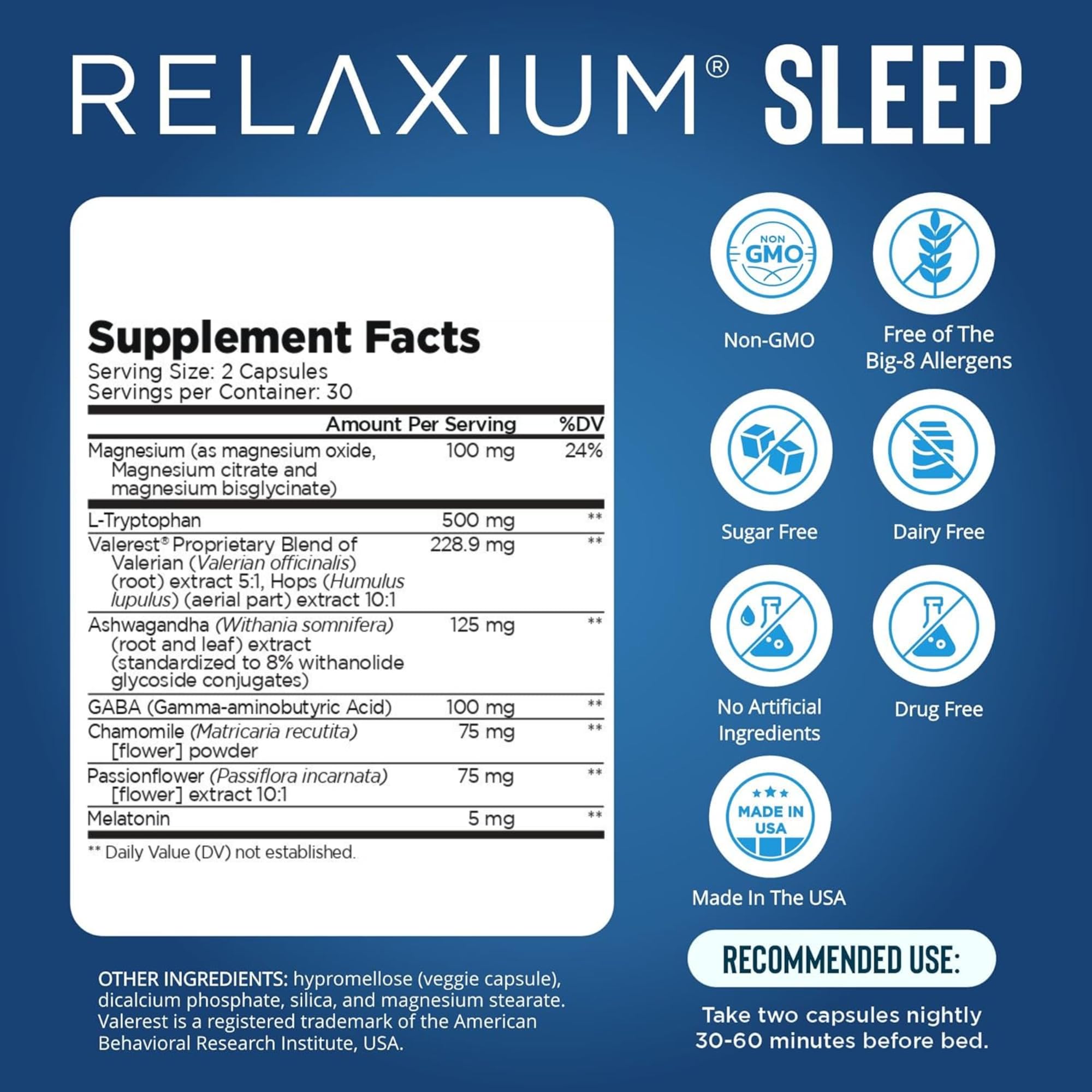 Relaxium Sleep Aid – Non-Habit Sleep Support for Adults | 60 Capsules