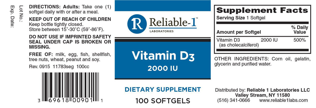 Reliable 1 Laboratories Vitamin D3 2000 IU Softgels, 100 Count
